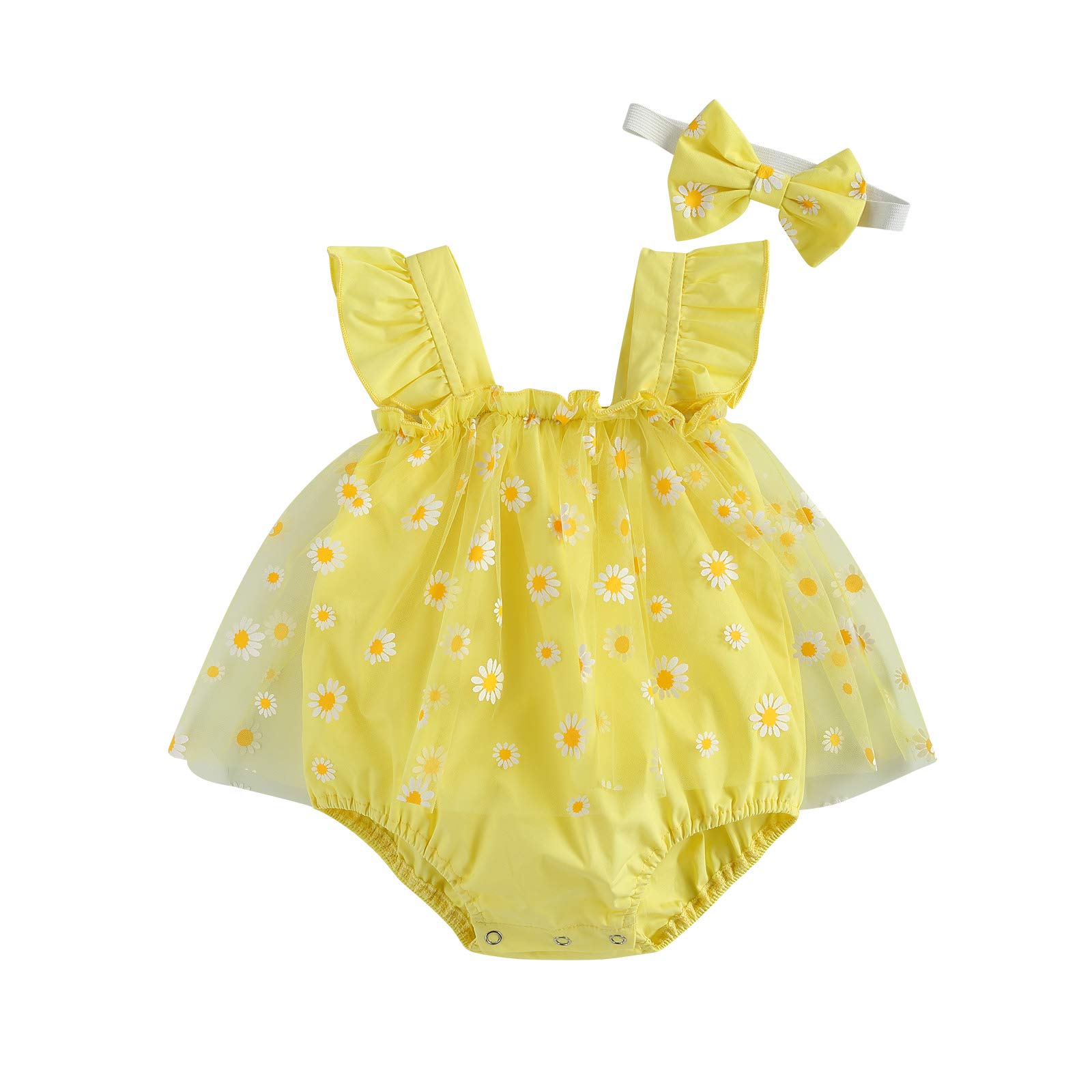 Adorable Baby Girl Ruffle Sleeve Daisy Romper Dress with Matching Headband - Summer Sunsuit Outfit for Newborns & Toddlers - Perfect for Photoshoots, Beach Trips & Birthday Parties