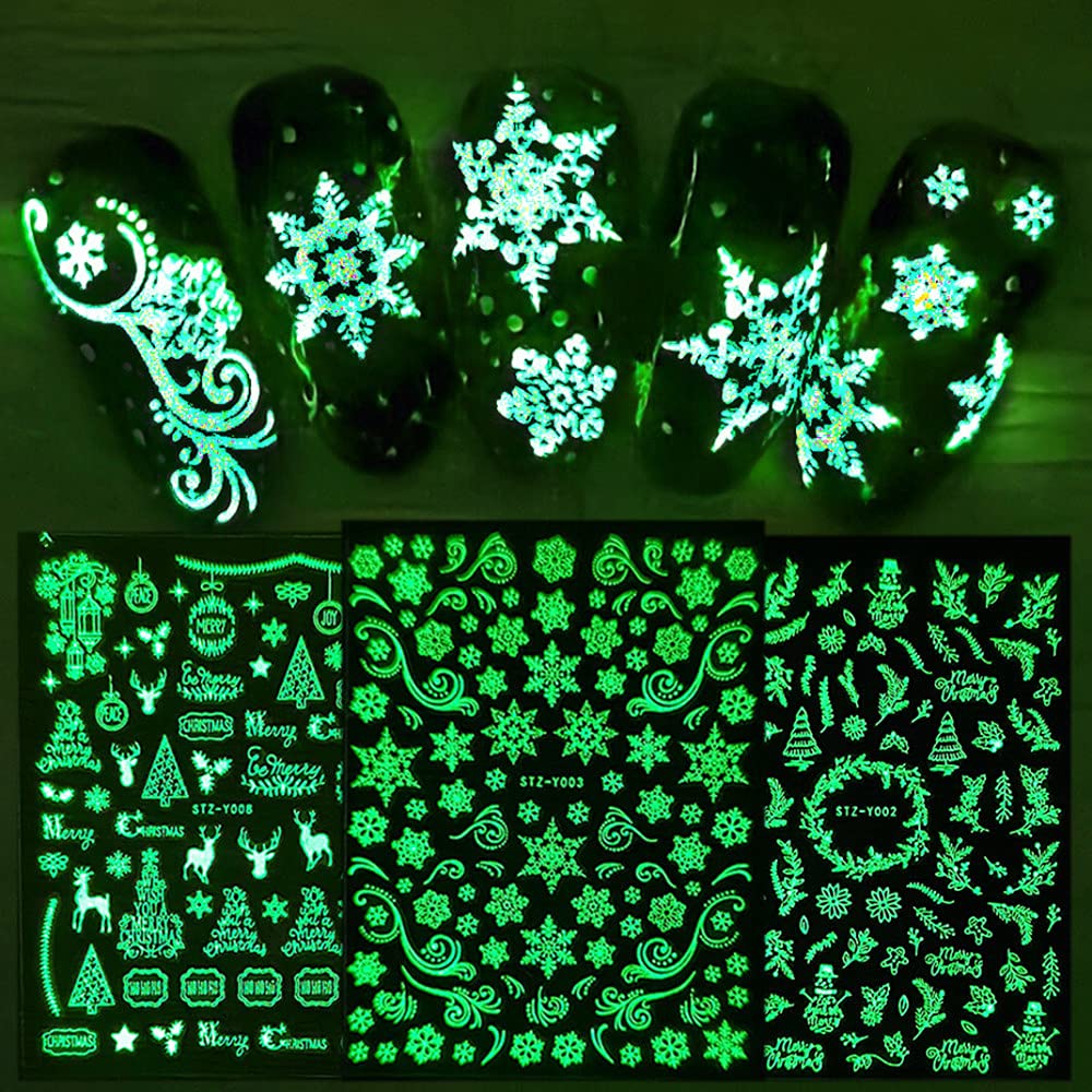 Glow in The Dark Christmas Nail Art Stickers - 9 Sheets Self-Adhesive Snowflake Nail Decals for Winter Holiday Nail Design | Perfect for Xmas Parties, Gift Wrapping & Festive Nail Art Decoration