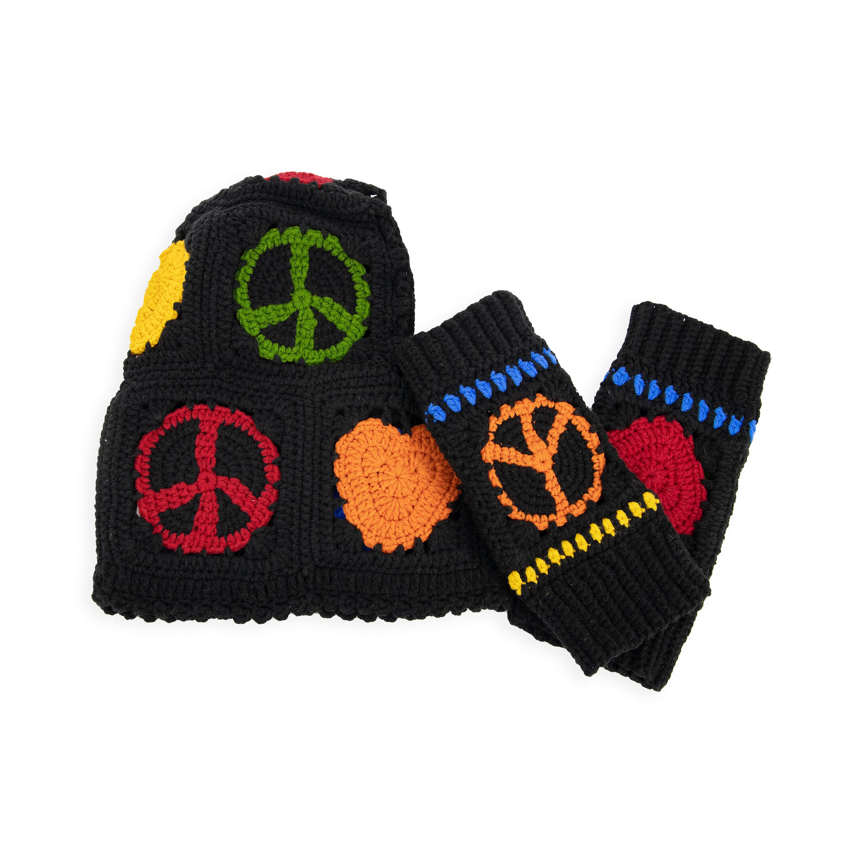 Crochet Black Peace & Love Balaclava and Gloves Set - Warm Winter Accessories for Skiing, Snowboarding, and Outdoor Activities