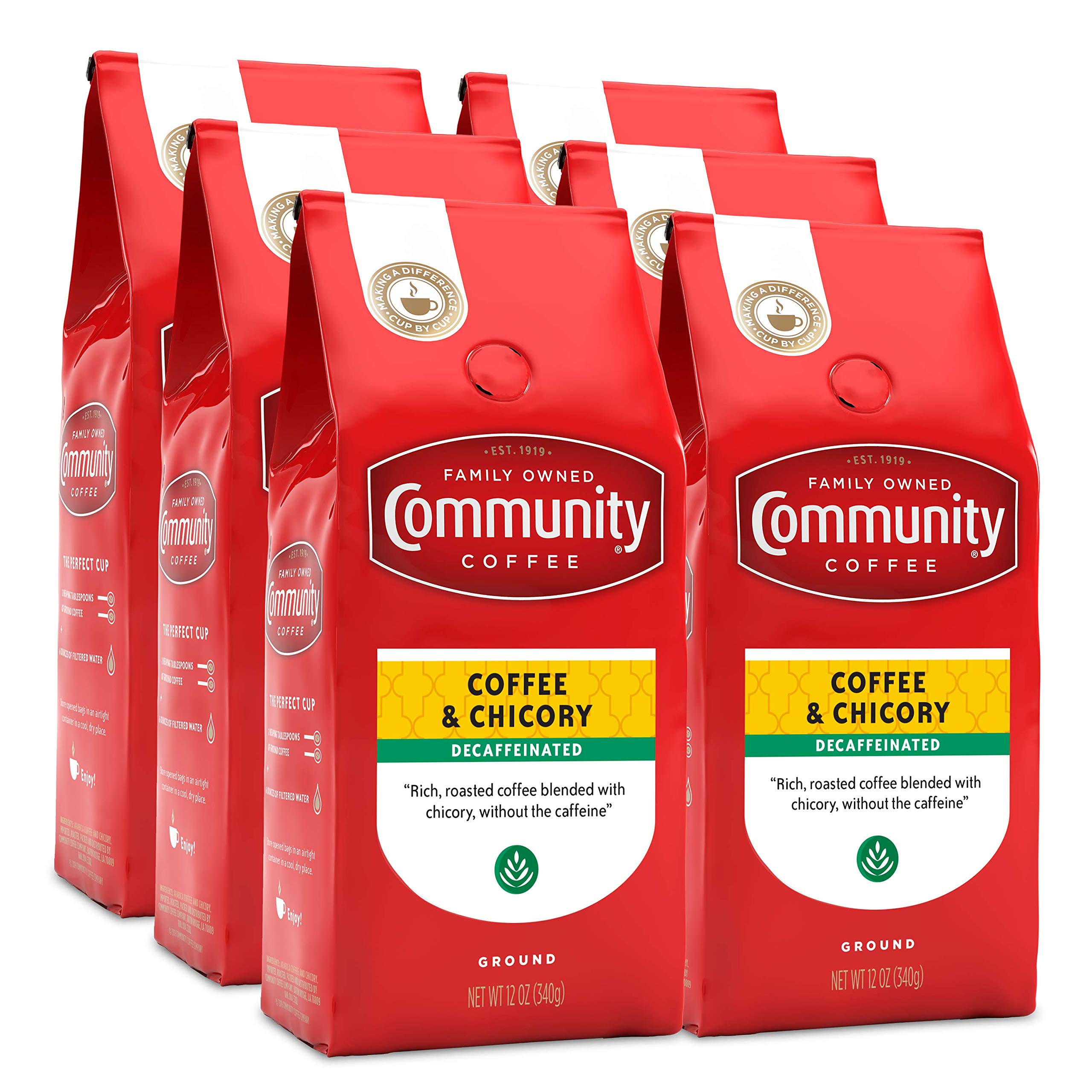Decaf Community Coffee with Chicory - Medium Dark Roast Ground Coffee, 12oz (Pack of 6) | Rich Flavor for Home Brewing, Office Use & Gifts