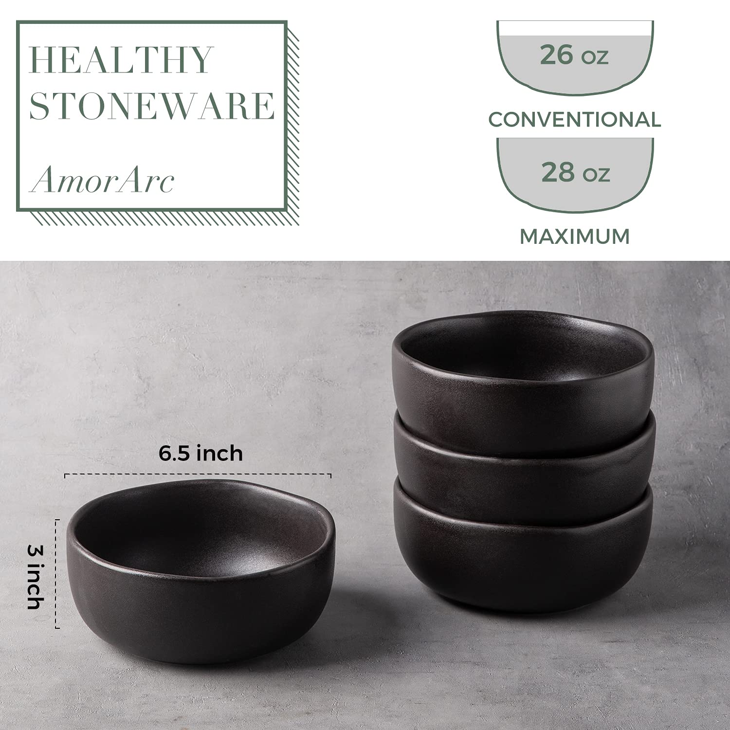 AmorArc 28oz Stoneware Cereal & Soup Bowls Set of 4 - Microwave, Oven & Dishwasher Safe Ceramic Kitchen Bowls with Wavy Rim - Matte Black for Breakfast, Lunch & Dinner Serving