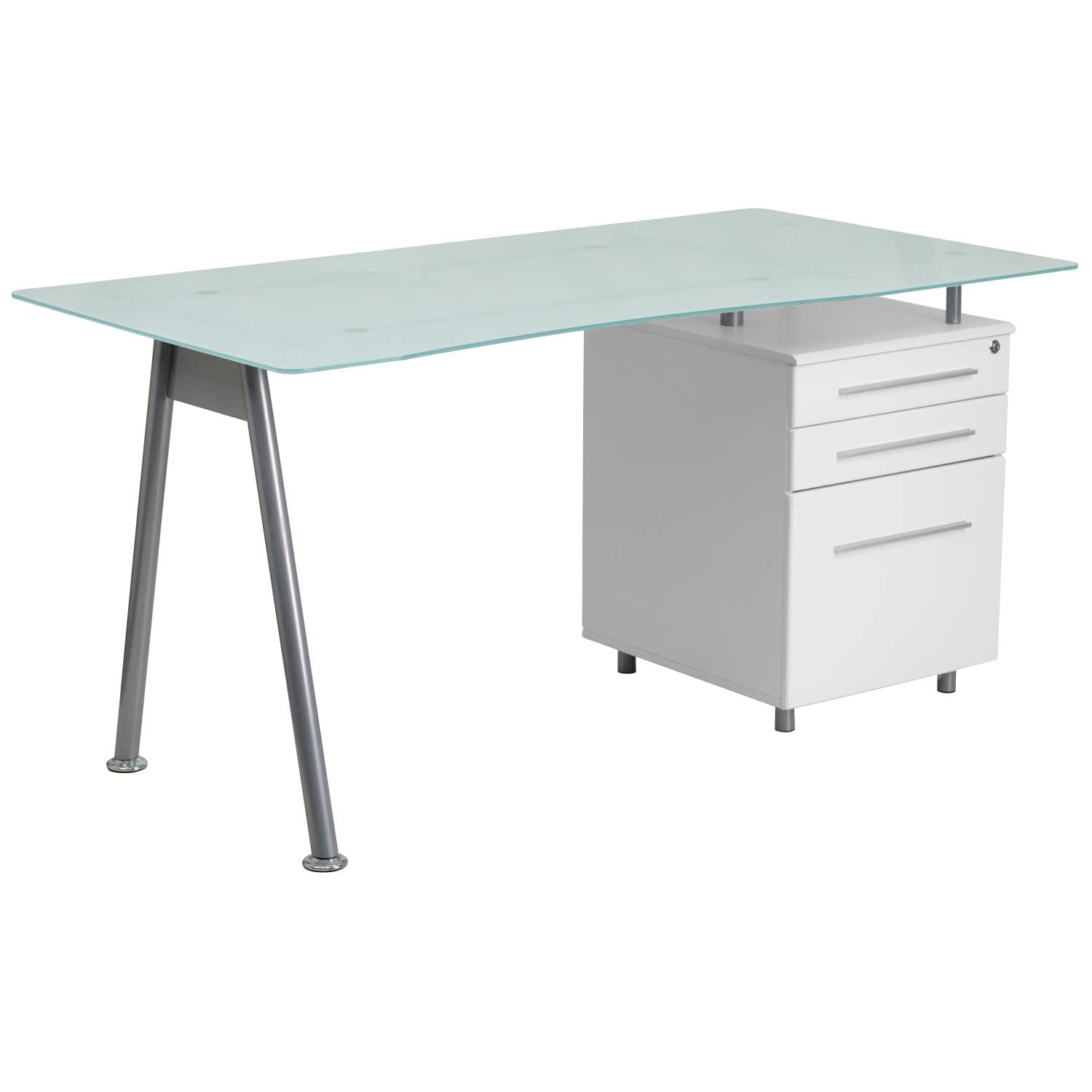 Flash Furniture White Computer Desk with Glass Top & 3-Drawer Pedestal - Modern Home Office Desk for Work, Study & Gaming