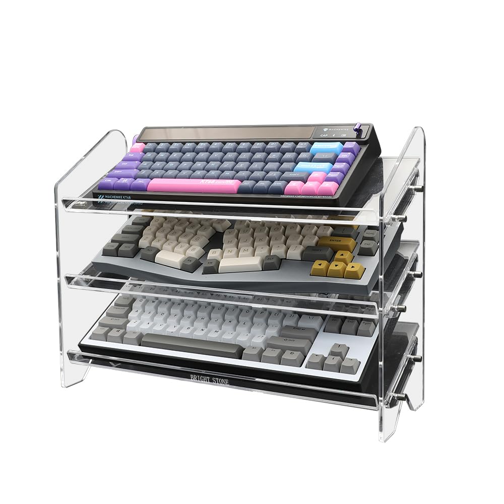 Bright Stone Acrylic Keyboard Display Stand - 3 Tier Mechanical Keyboard Storage Rack & Desktop Organizer for Customized Keyboards - Perfect for Gaming Setup, Office Desk Organization & Keyboard Collection Display (Long Size)
