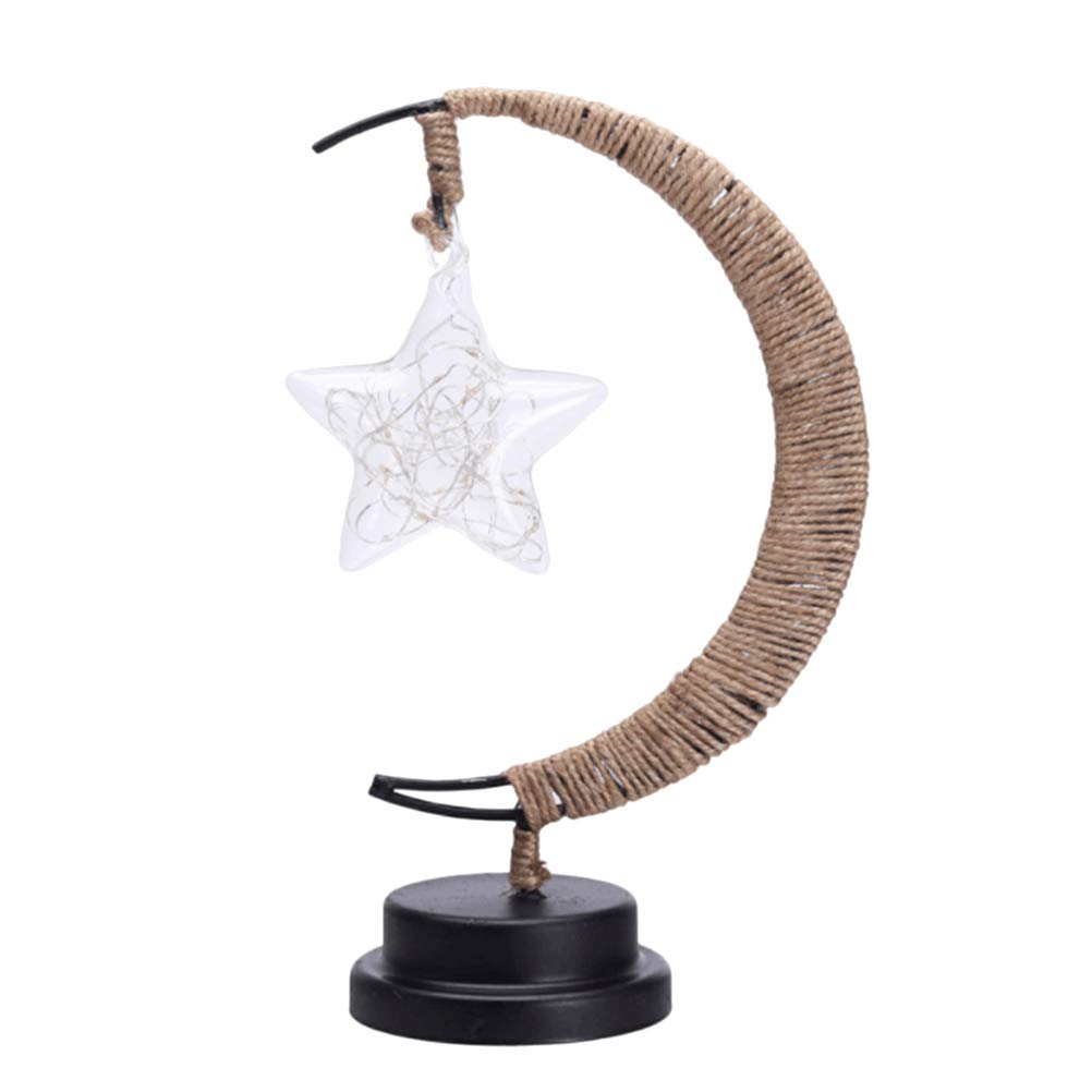 Totority Iron Night Lamp with Hemp Rope - USB Powered LED Star & Moon Shape Bedside Lamp for Christmas, Nursery, Bedroom Decor - Warm White Night Light for Kids & Adults