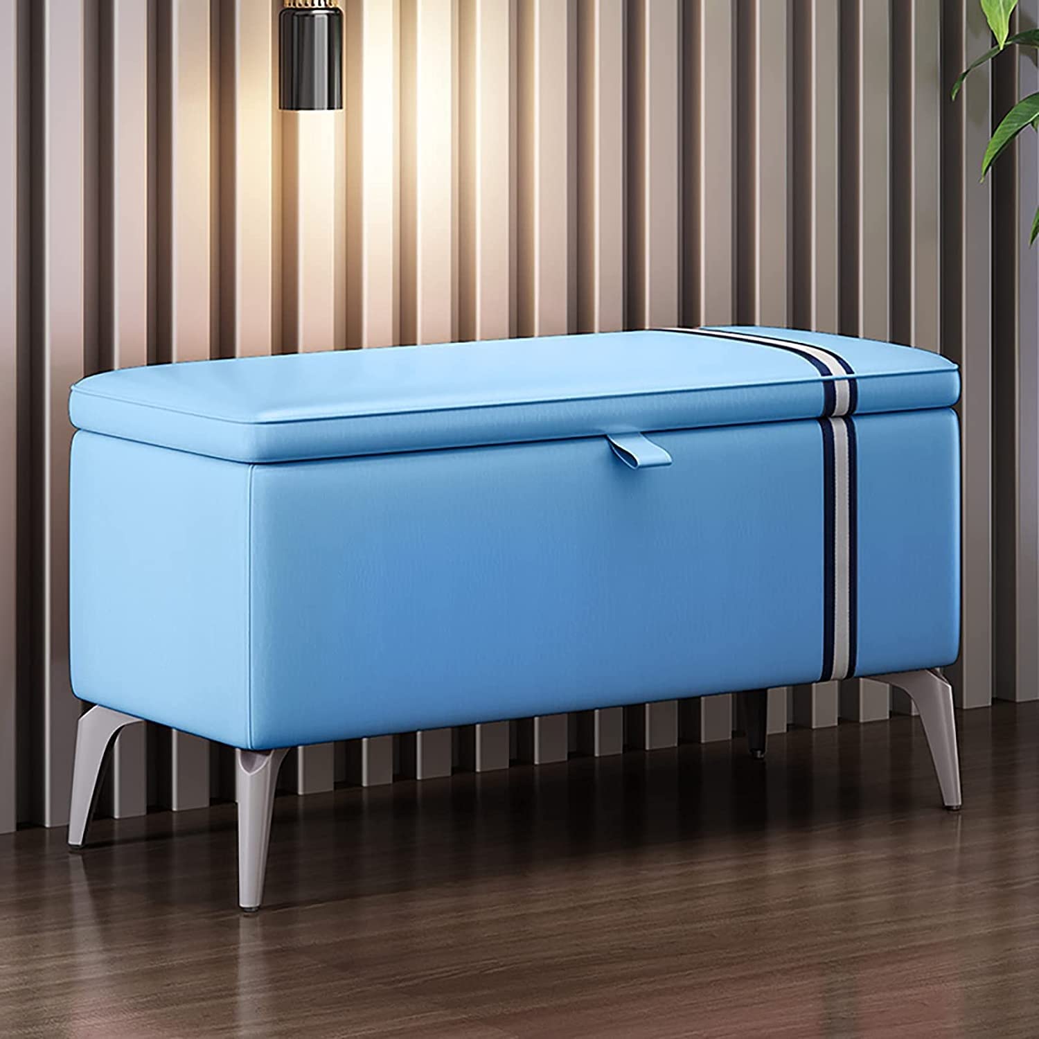 Modern Blue Leather Storage Ottoman Bench with Padded Seat - 100x35x45cm Solid Wood Multifunctional Entryway Shoe Bench & Storage Trunk | Perfect for Living Room, Bedroom, or Hallway Organization