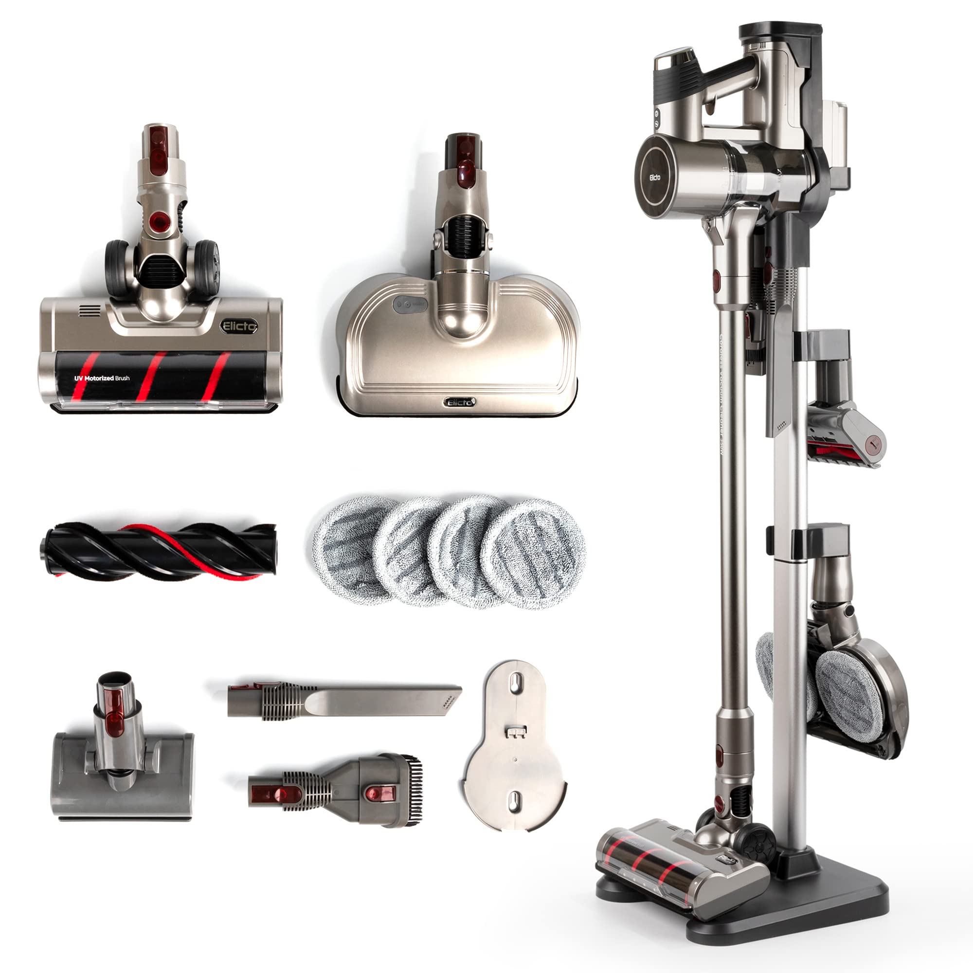 Elicto ES-800 5-in-1 Cordless Vacuum Cleaner - Rechargeable Wet Dry Vacuum with Dual Spin Mop, 0.3 Micron HEPA Filtration & UV Sanitizer - 350W Powerful Suction for Hard Floors, Carpets & Pet Hair - Includes 5 Attachments & 500mL Dustbin - Perfect for Home Cleaning, Car Detailing & Pet Owners