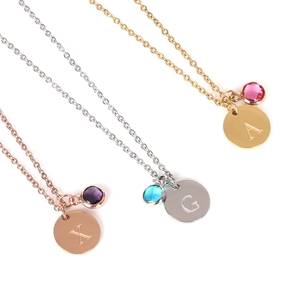 Personalized Initial Birthstone Necklace for Women - Custom Layered Letter & Disc Jewelry Gift for Mom, Wife, Girlfriend - Rose Gold Pendant Necklace for Birthday, Anniversary & Mother's Day