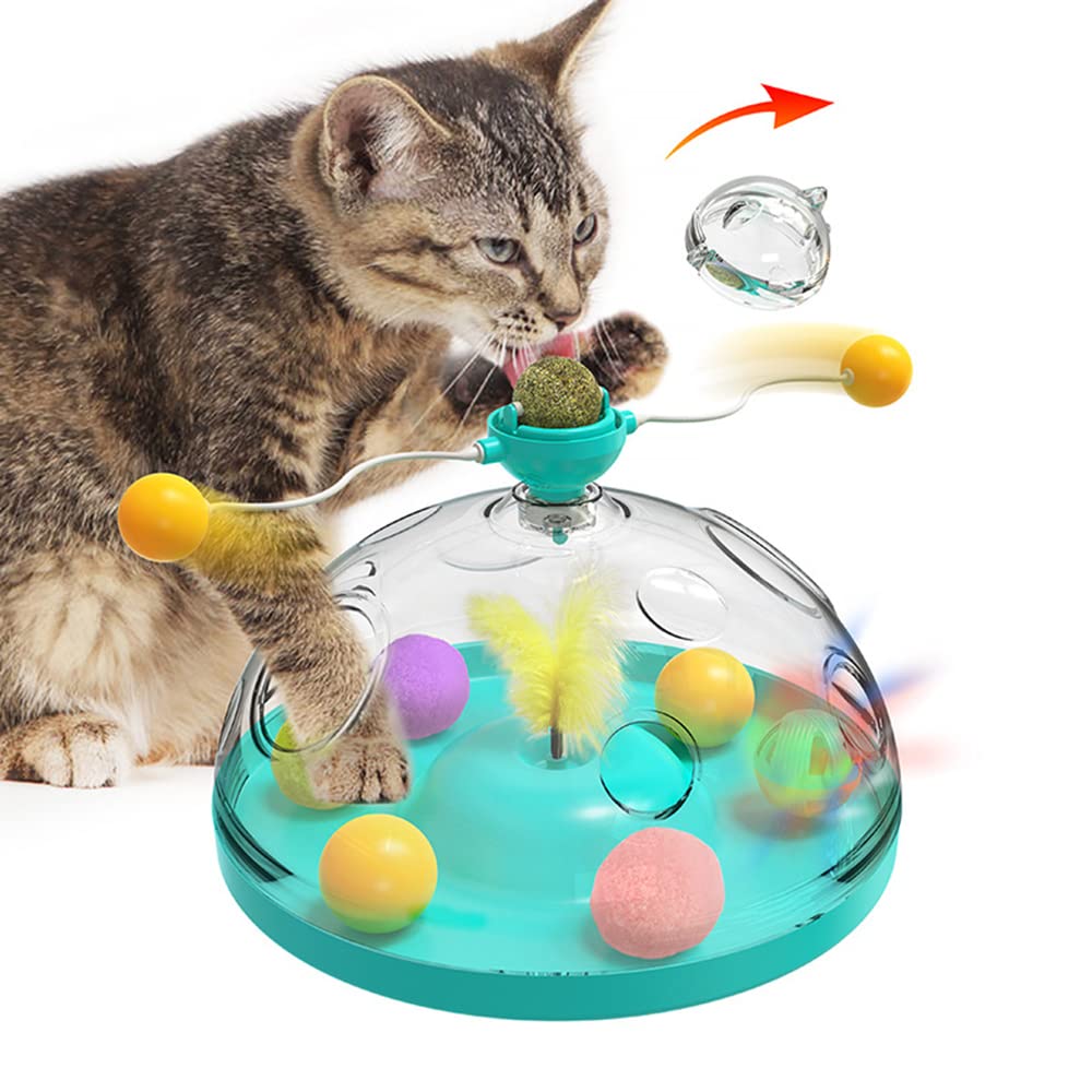 Interactive Cat Toy with Catnip - Turntable Windmill Teaser Ball for Scratching, Tickle & Puzzle Training - Fun Treat Dispenser for Indoor Cats to Play & Exercise