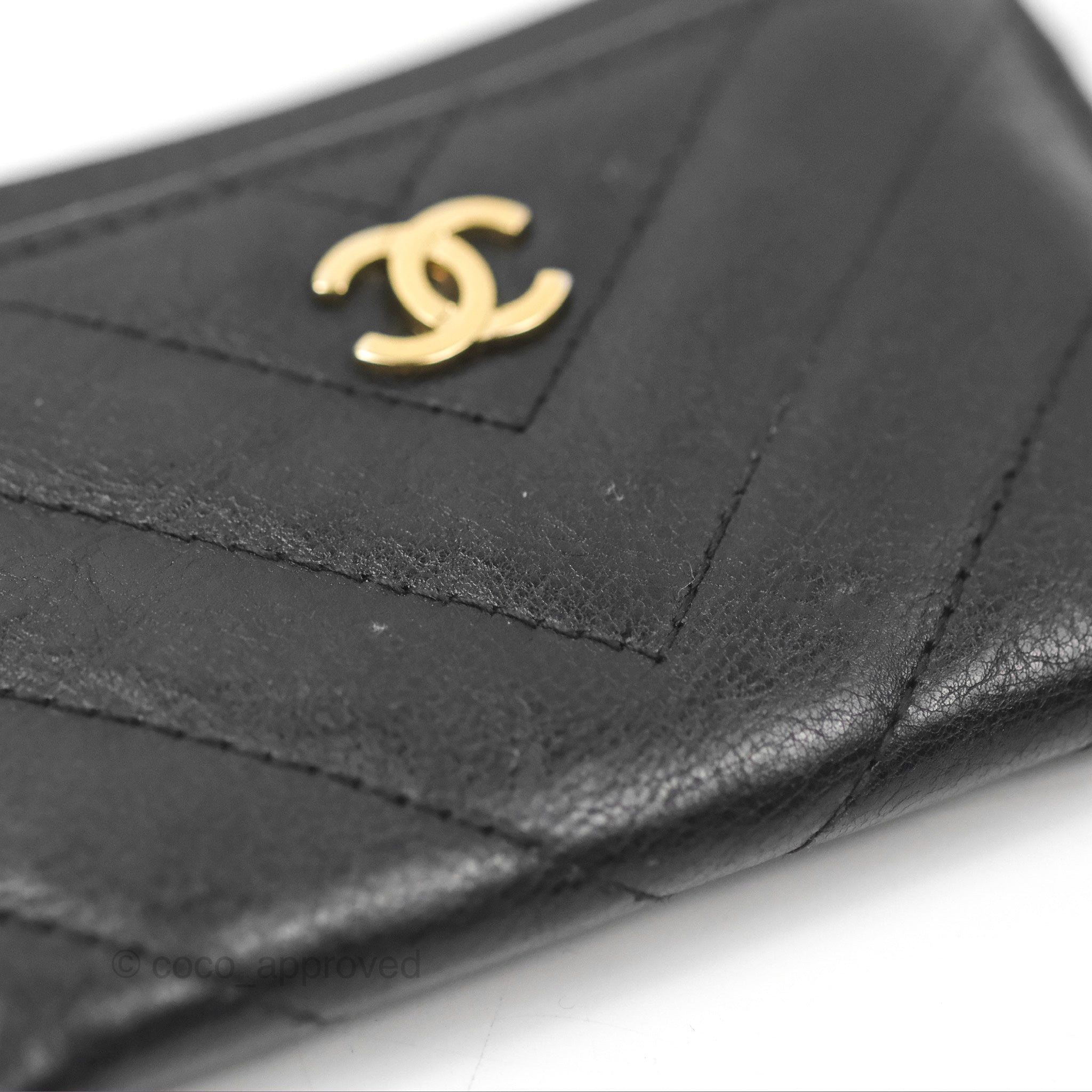 Chanel Classic Flat Card Holder Chevron Black Calfskin Gold Hardware - Luxury Wallet for Women | Perfect for Everyday Use, Travel & Gift Giving