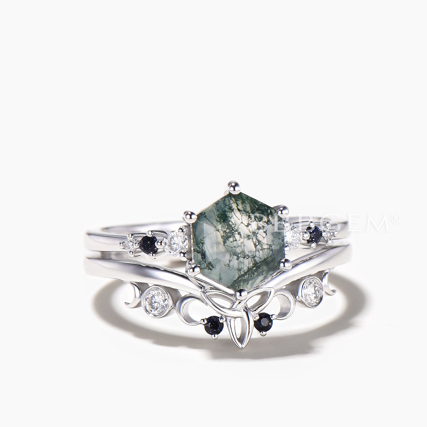 1CT Hexagon Cut Natural Moss Agate Celtic Knot Bridal Ring Set - Elegant Sandstone Wedding Band for Women, Perfect for Engagement, Anniversary & Boho Style Jewelry Gifts