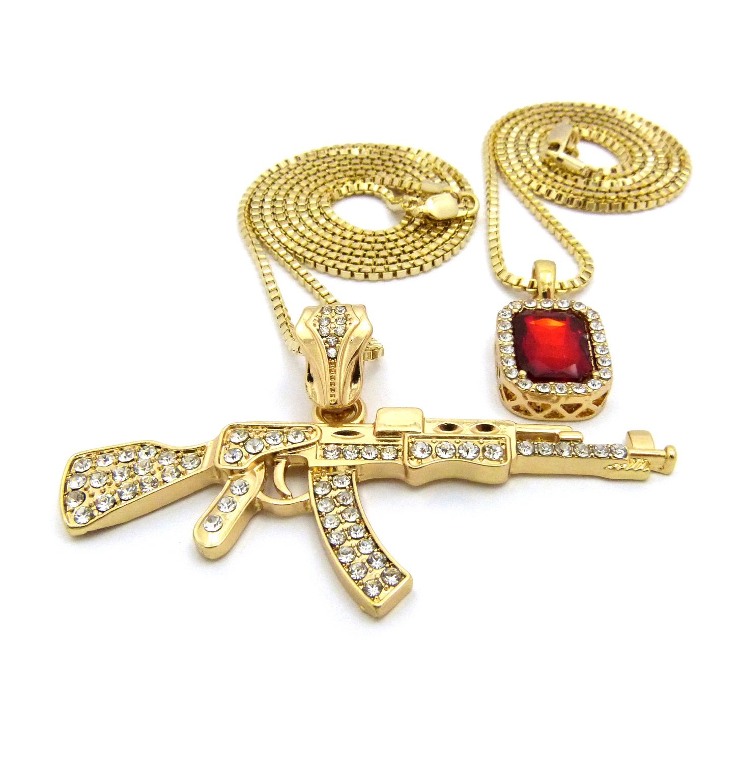 24K Gold Plated AK47 Machine Gun Pendant Necklace Set with Iced Out Gemstones - 24