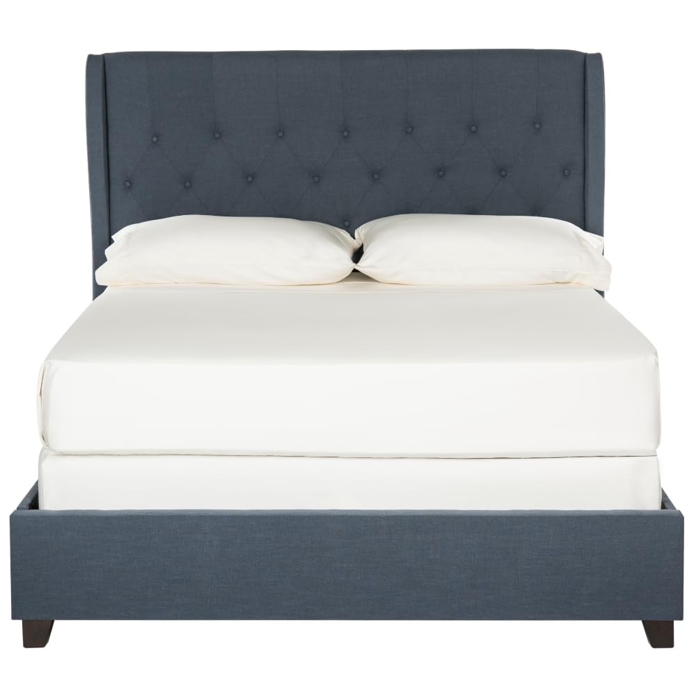 SAFAVIEH Blanchett Navy & Espresso Full Size Bed Frame - Modern Platform Bed with Upholstered Headboard - Perfect for Bedroom, Guest Room & Dorm Decor