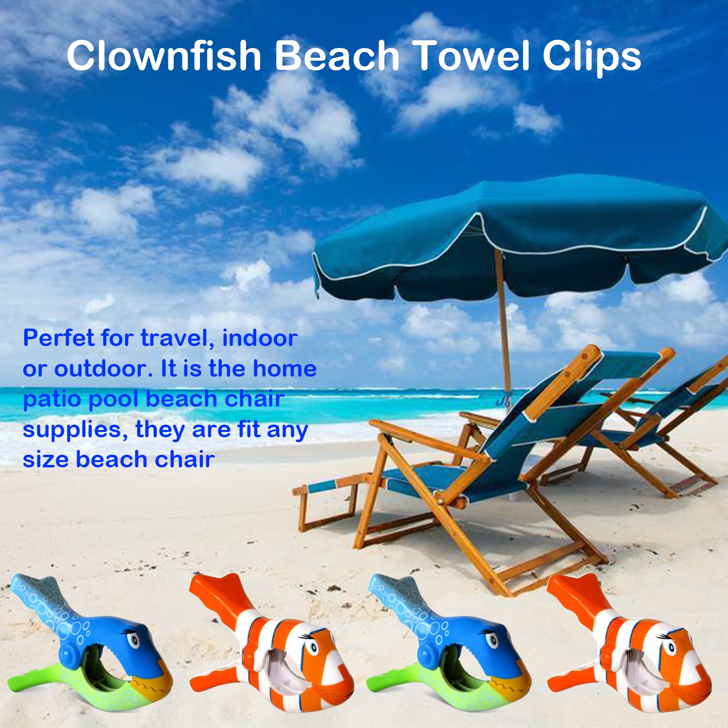 4PCS Creative Clownfish Beach Towel Clips - Blue & Orange Plastic Lounge Chair Clips for Pool, Beach Chairs & Loungers | Secure Towels in Windy Conditions | Perfect for Vacation, Swimming & Sunbathing