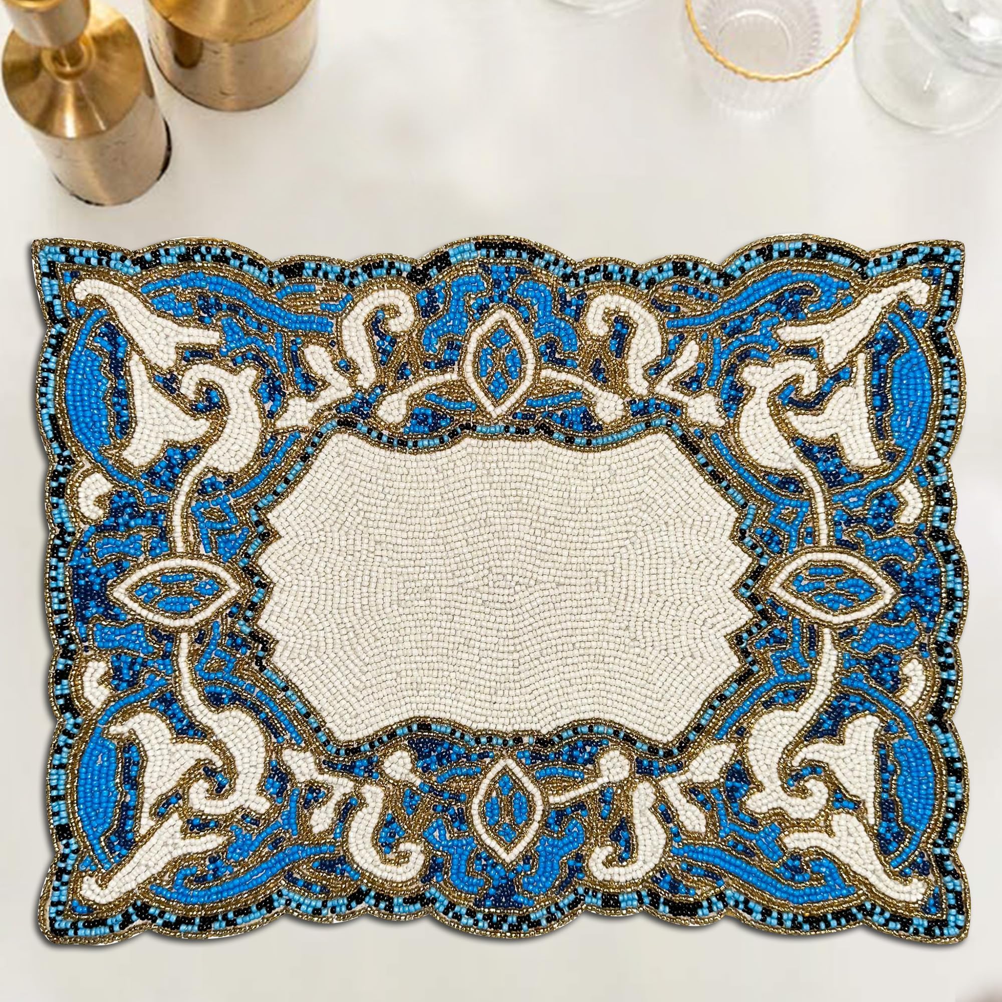 Decozen Beaded Placemats Set of 2 - 12x16 Inch Heat Resistant Charger Plates for Dining Table Decor - Elegant Blue & White Design for Wedding, Mother's Day, Kitchen, Office & Home Decor | Perfect for Holiday Dinners, Parties & Everyday Use