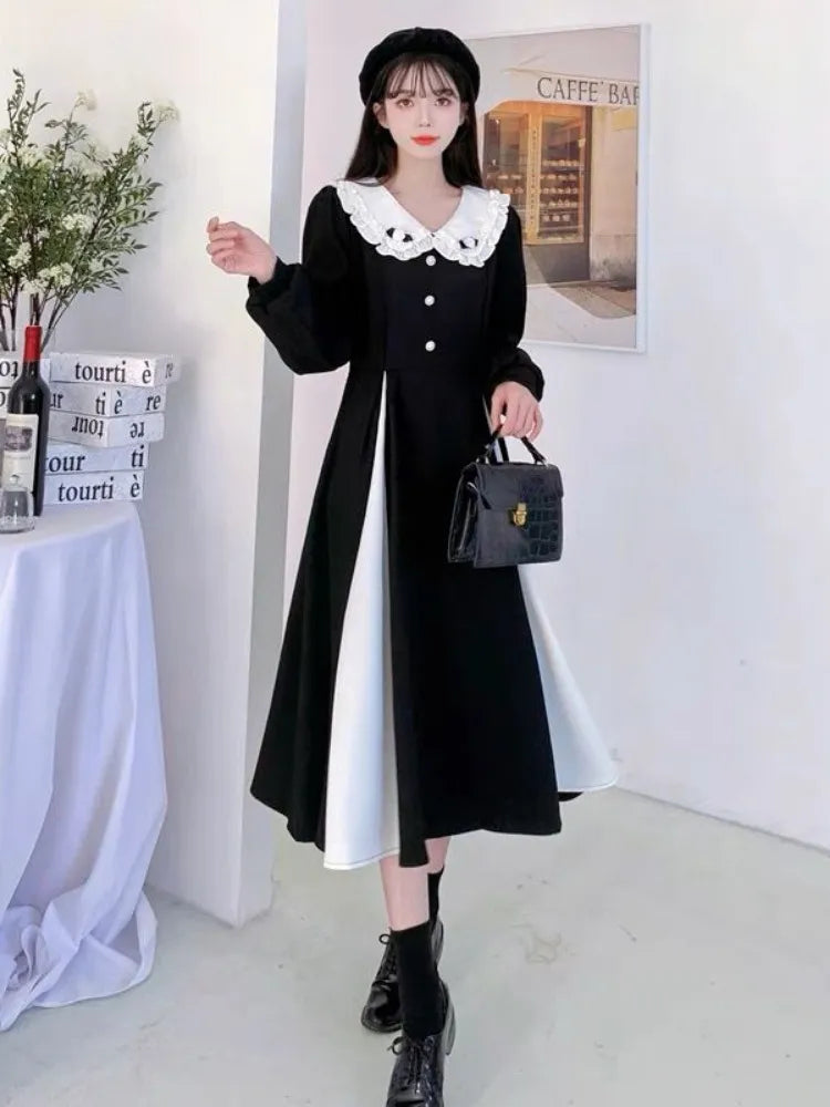 2023 Vintage Preppy Style Kawaii Black Midi Dress for Women - Peter Pan Collar School Student Party Dress | Perfect for Autumn School Events, Casual Outings & Retro-Themed Parties