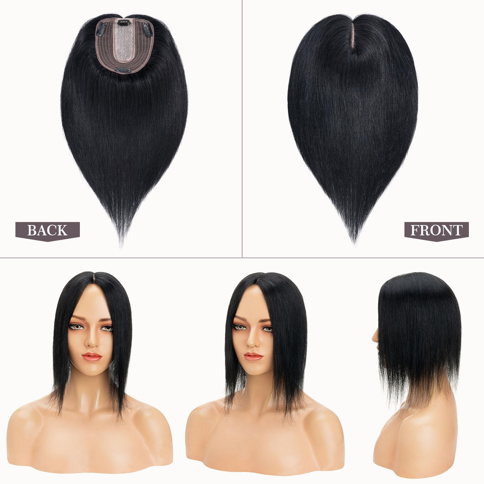 Hairro 100% Human Hair Topper for Women - 14 Inch Jet Black Clip-In Hairpiece with 4