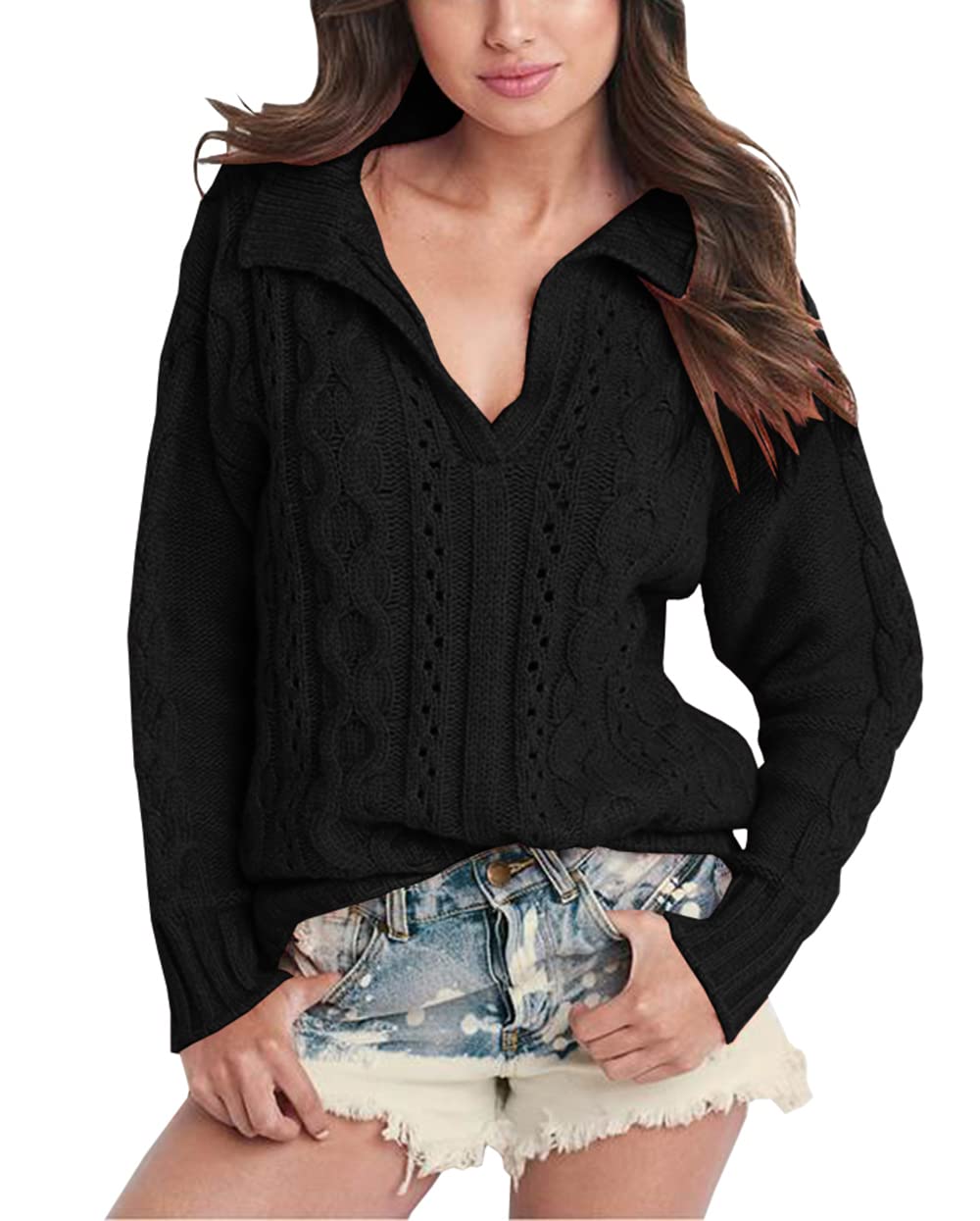 Bigeoosh Women's Oversized Cable Knit Sweater - Soft Long Sleeve V Neck Pullover for Casual Wear | Perfect for Fall, Winter & Cozy Home Outfits