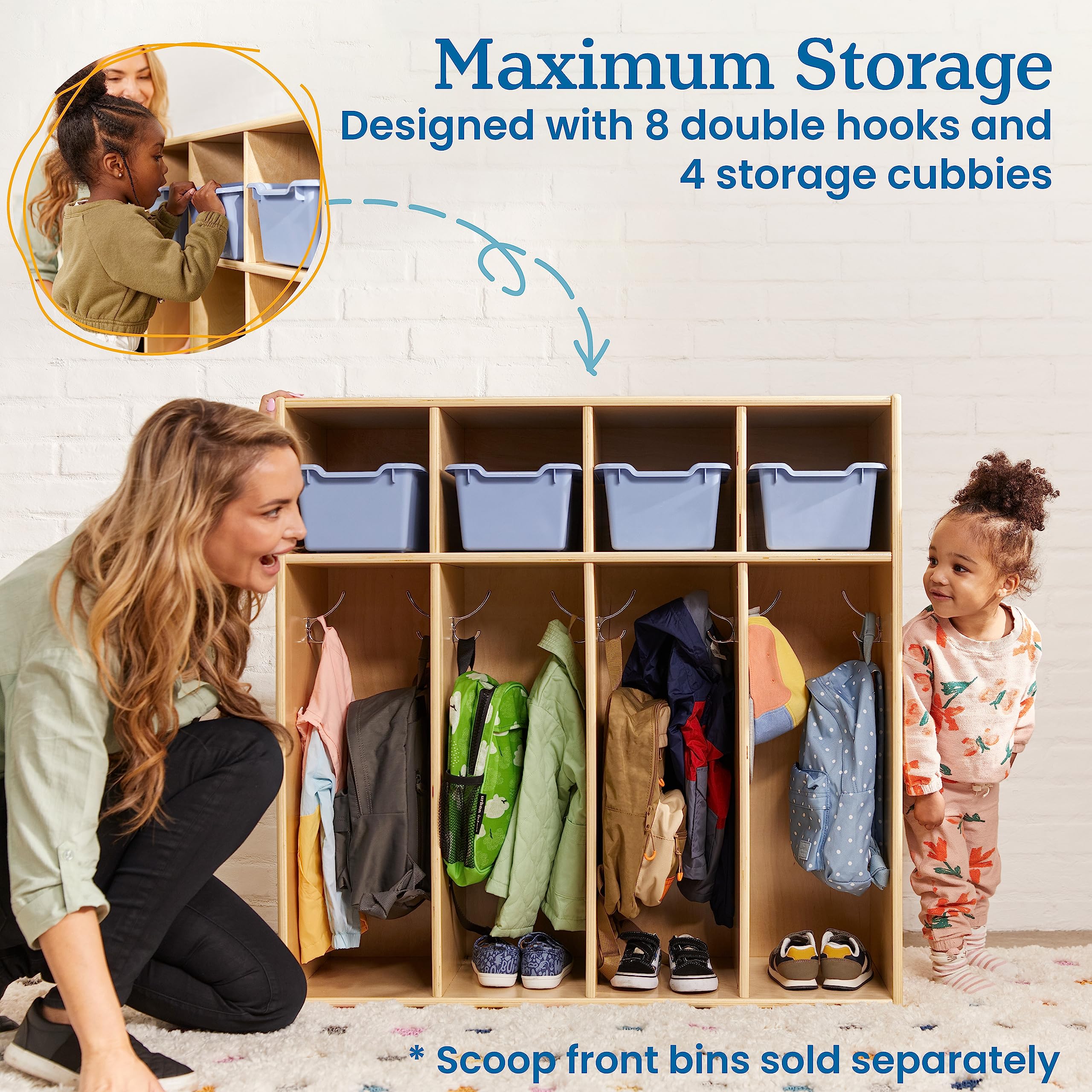 ECR4Kids Streamline 4-Section Coat Locker for Toddlers - Natural Wood Kids Furniture for Daycare, Preschool & Home Organization