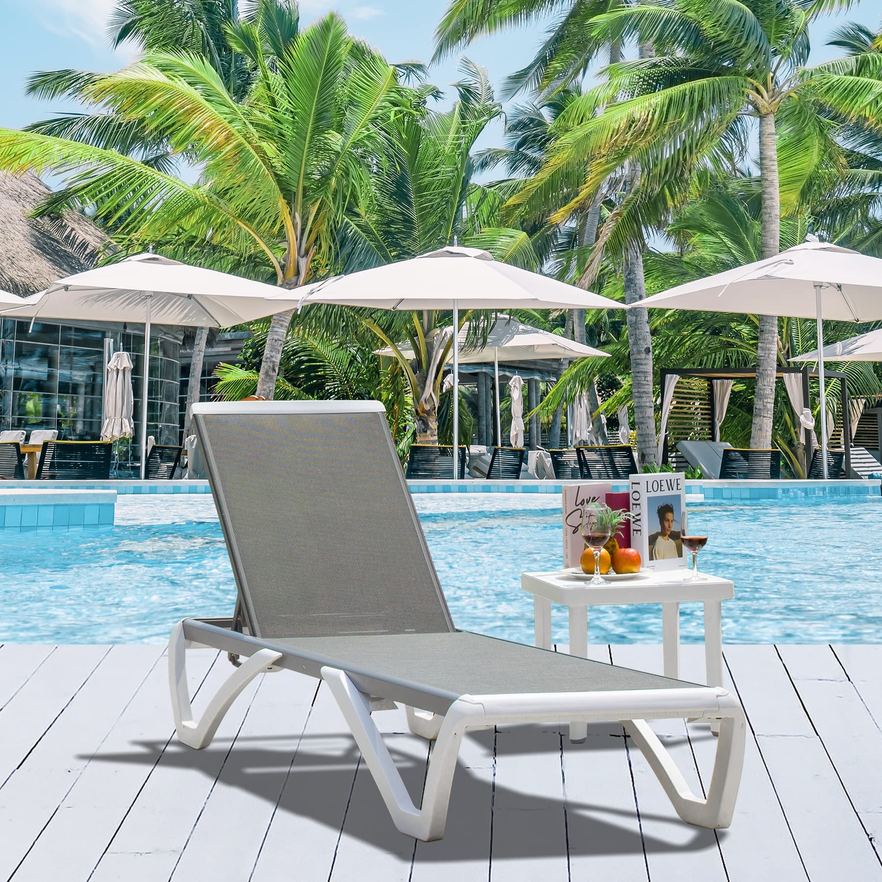 DOMI Adjustable Aluminum Pool Lounge Chair - All-Weather Outdoor Chaise Lounge with Side Table for Deck, Lawn & Backyard - Gray Textilene Fabric - Perfect for Poolside Relaxation, Sunbathing & Outdoor Lounging