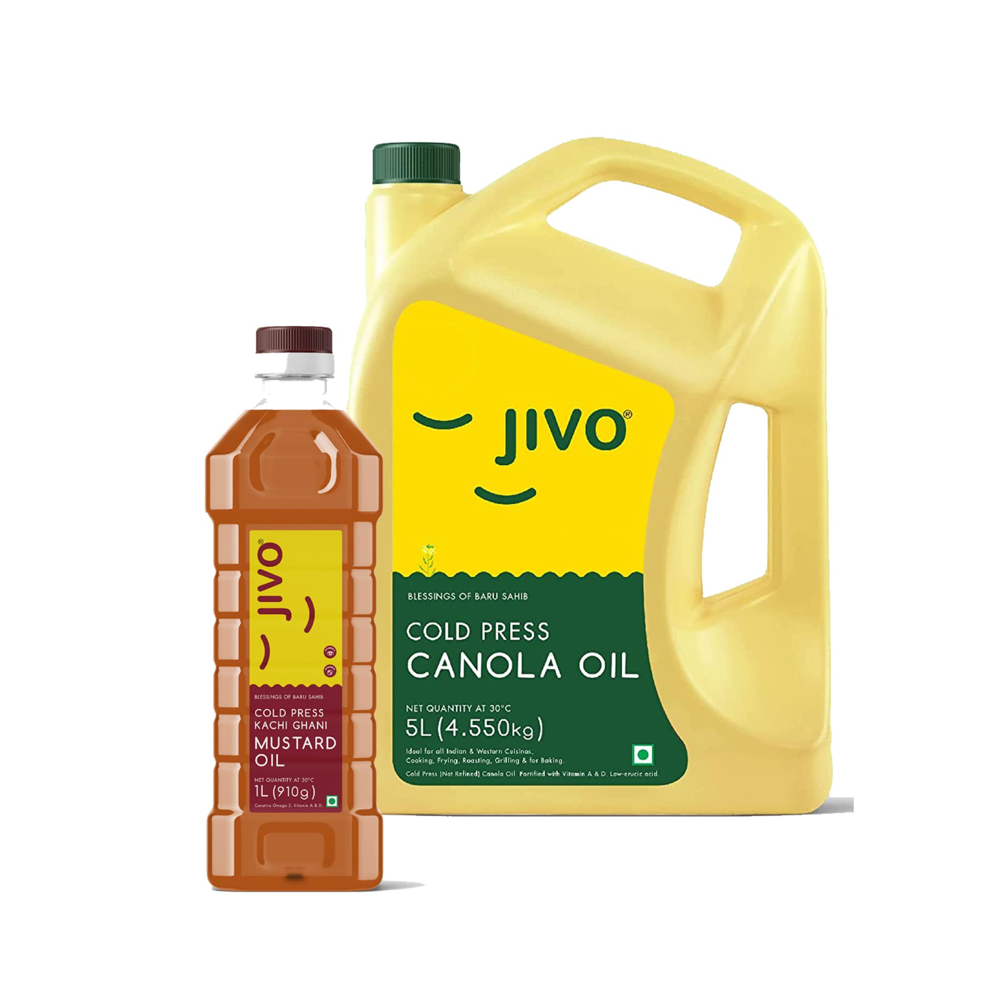 Jivo Cold Pressed Canola Oil 5L + Chemical-Free Kachi Ghani Mustard Oil 1L (6L Pack) | Healthy Cooking Oil for Frying, Baking & Roasting | Perfect for Indian, Asian & International Cuisines | Ideal for Home Cooking & Restaurant Use