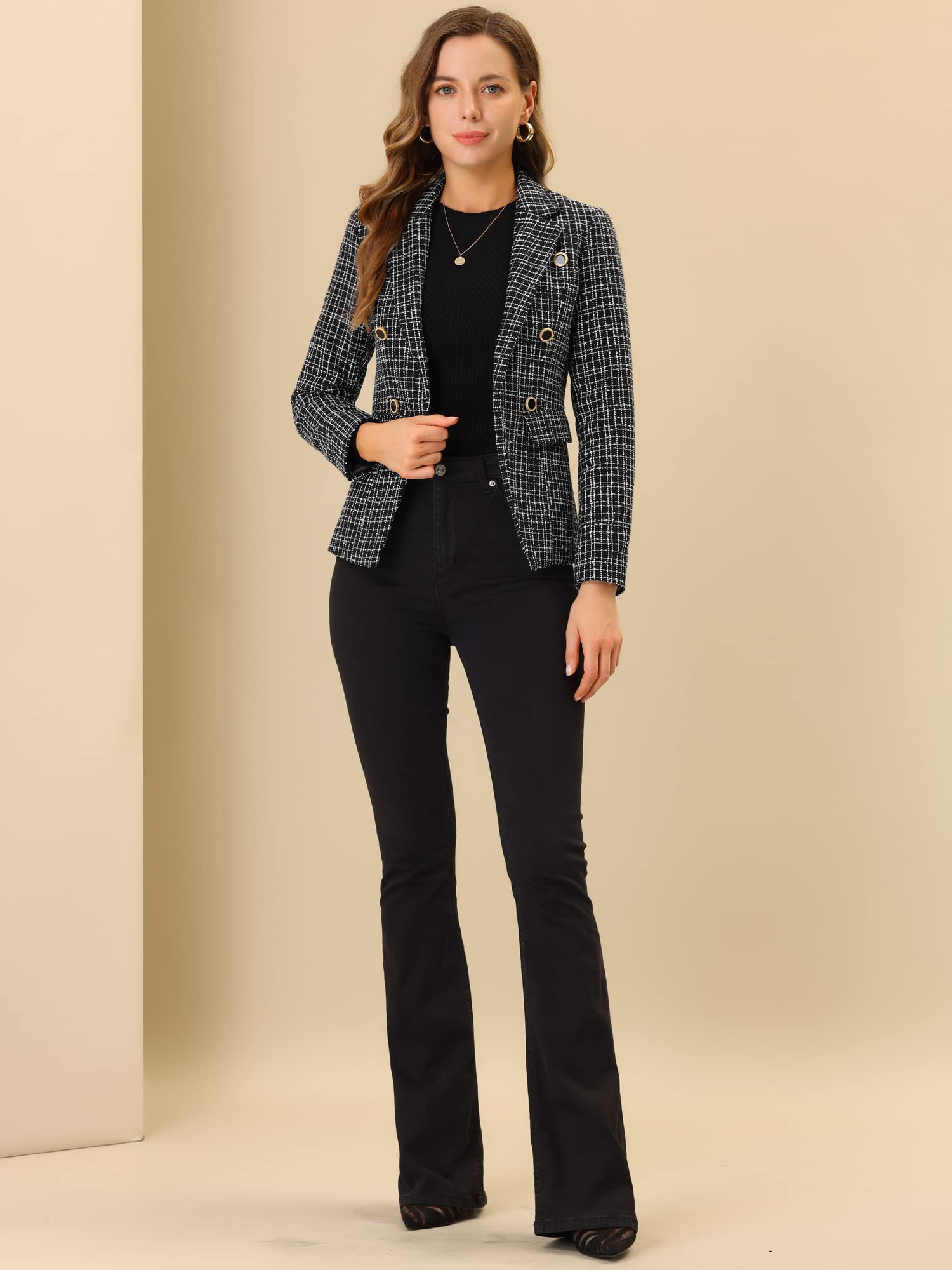 Allegra K Women's Tweed Jacket - Plaid Blazer with Long Sleeves, Elegant Open Front Work Jacket for Office, Business Meetings & Professional Outfits