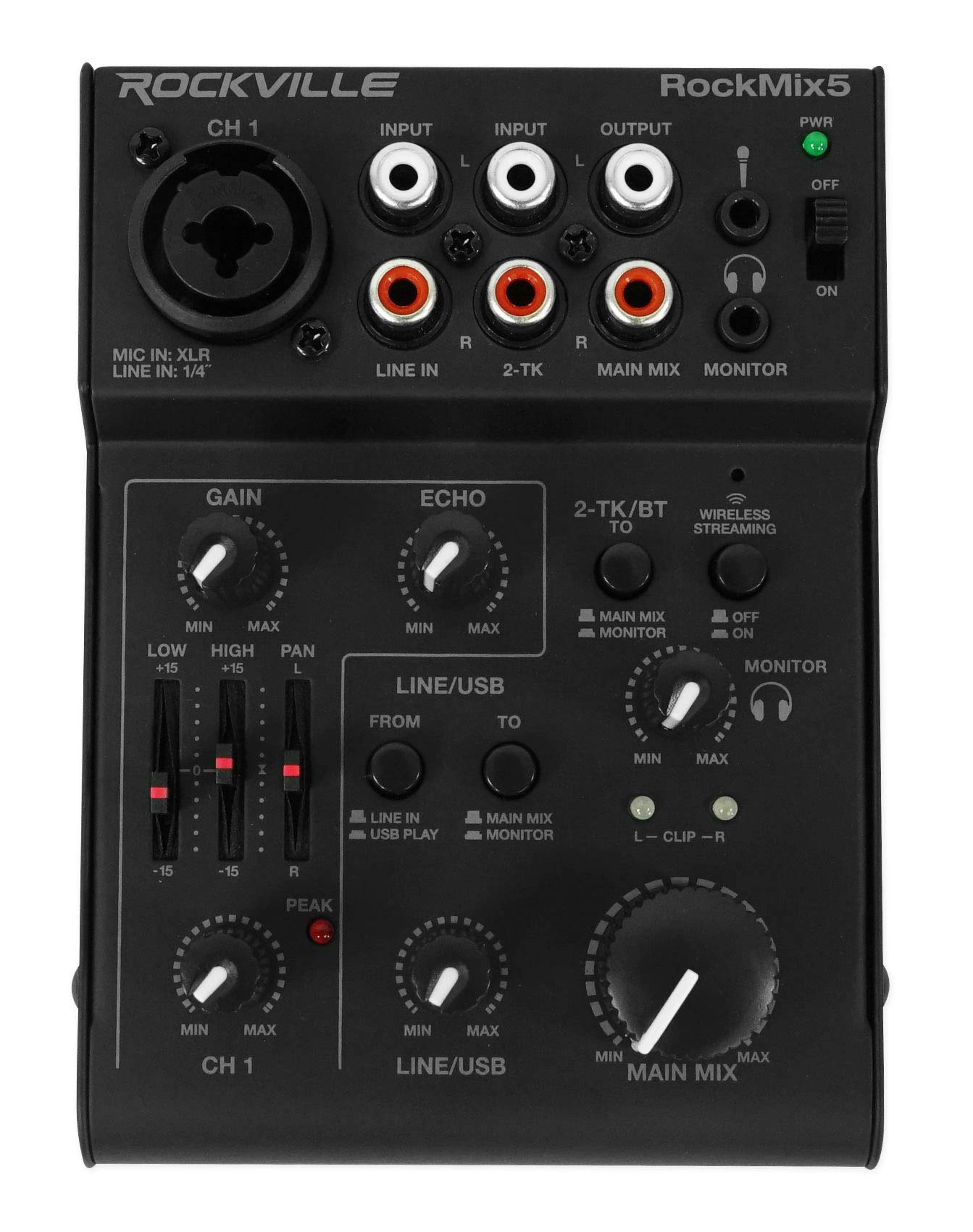 Rockville RockMix 5 Channel Professional Audio Mixer with USB Interface, Bluetooth, Echo & EQ - Perfect for Live Performances, Studio Recording & DJ Mixing