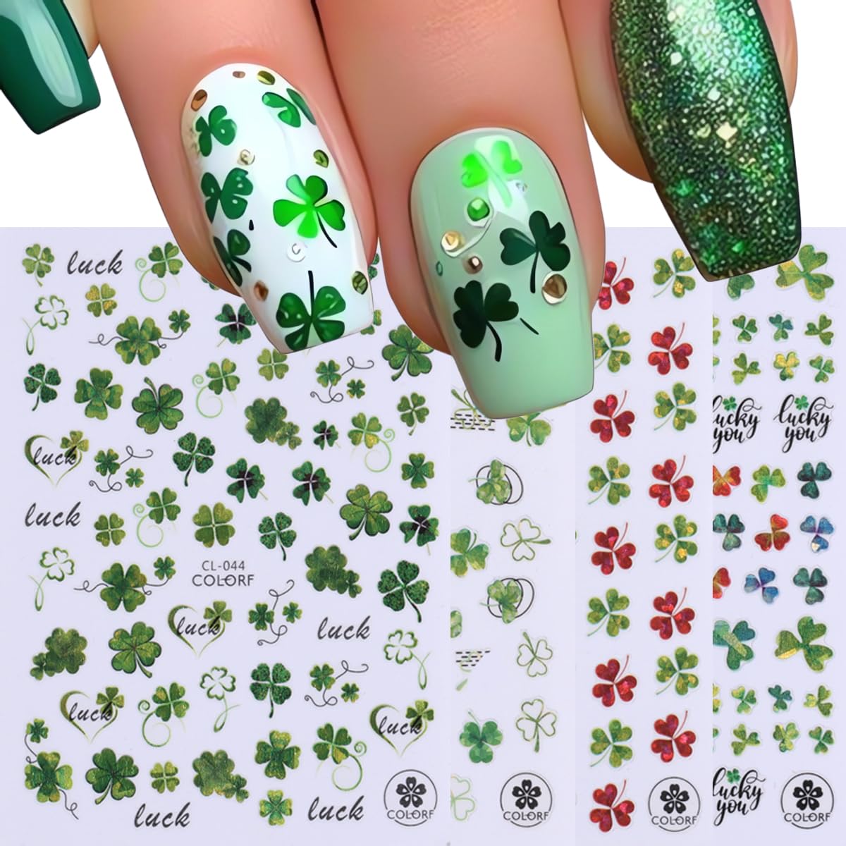 4 Sheets St. Patrick’s Day Nail Art Stickers - 3D Shamrock Clover Nail Decals for Women & Girls, Self-Adhesive Green & Red Irish Nail Designs - Perfect for Spring Parties, Nail Salons & DIY Manicures