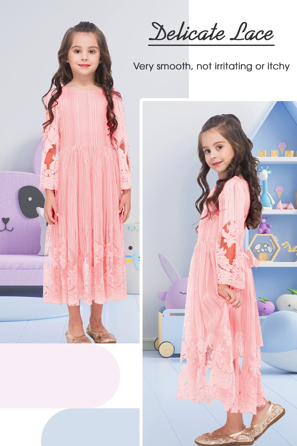 Girls Lace Flower Dress - Long Sleeve Midi Floral Communion Dress for Weddings, Birthday Parties & Special Occasions | First Communion, Easter, Spring Photoshoot Outfit