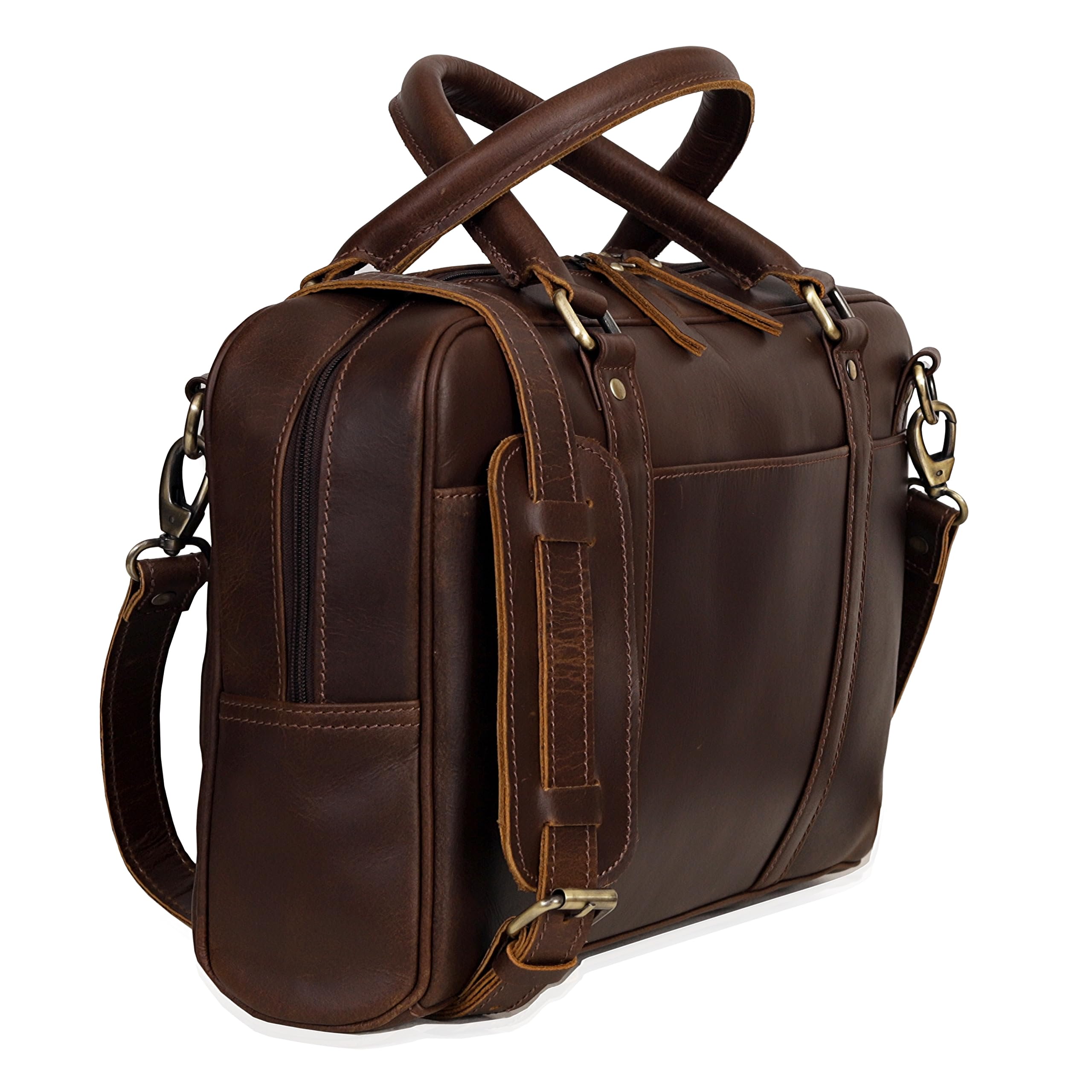 Premium Full Grain Cow Leather Briefcase for Men & Women - Handcrafted Laptop Bag with Multiple Compartments & Brass Hardware - Business Travel & Office Work Accessory
