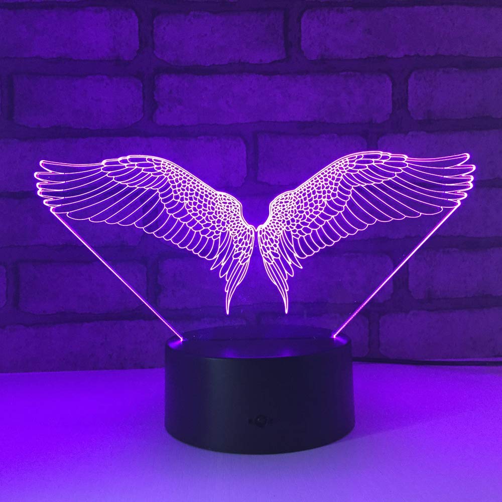 3D Angel Wings Night Light - USB Powered LED Desk Lamp with Touch Switch, 7 Color Changing Modes, Optical Illusion Decor for Bedroom, Birthday Gift & Room Decoration | Perfect for Nursery, Romantic Ambiance, and Home Decor