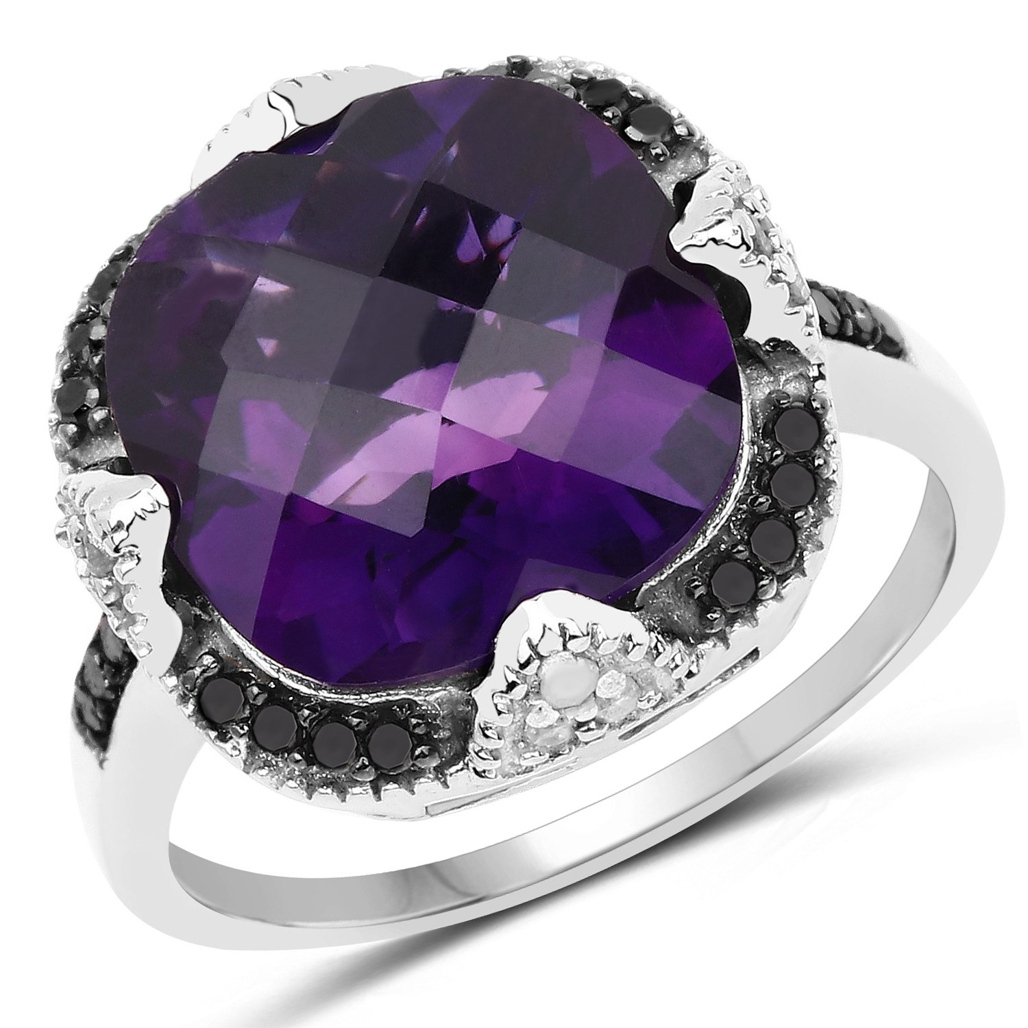 925 Sterling Silver Genuine Amethyst, Black Diamond & White Diamond Ring - 6.12 Carat Total Weight - Size 5-10 - Elegant Wedding, Engagement & Anniversary Jewelry Gift for Women