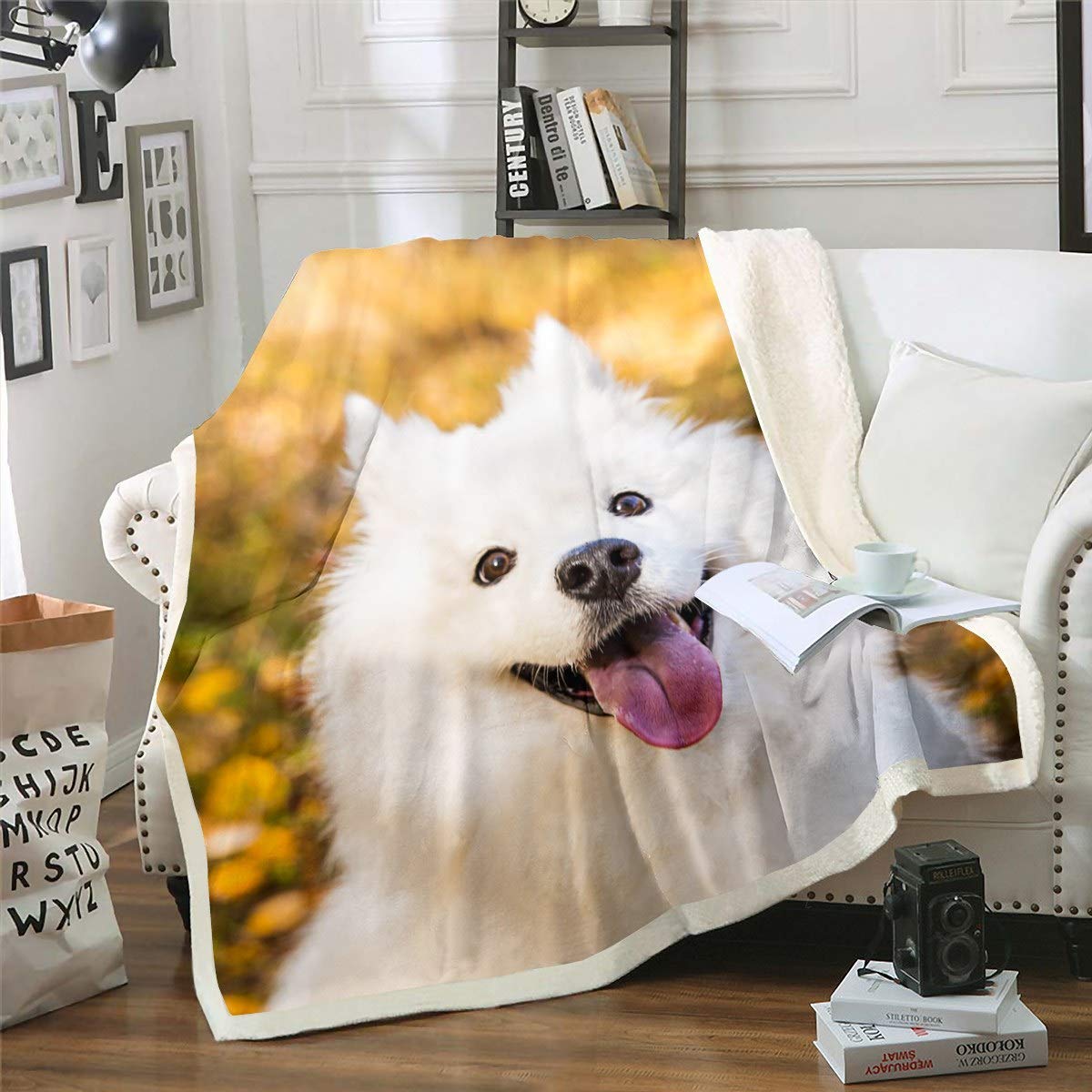 Soft 3D Samoyed Dog Sherpa Blanket for Kids - Ultra Plush Fleece Throw with Cute Smiling White Dog Design, 30x40 Inch - Perfect for Sofa, Bed, Couch & Baby Nursery - Cozy Gift for Girls & Animal Lovers