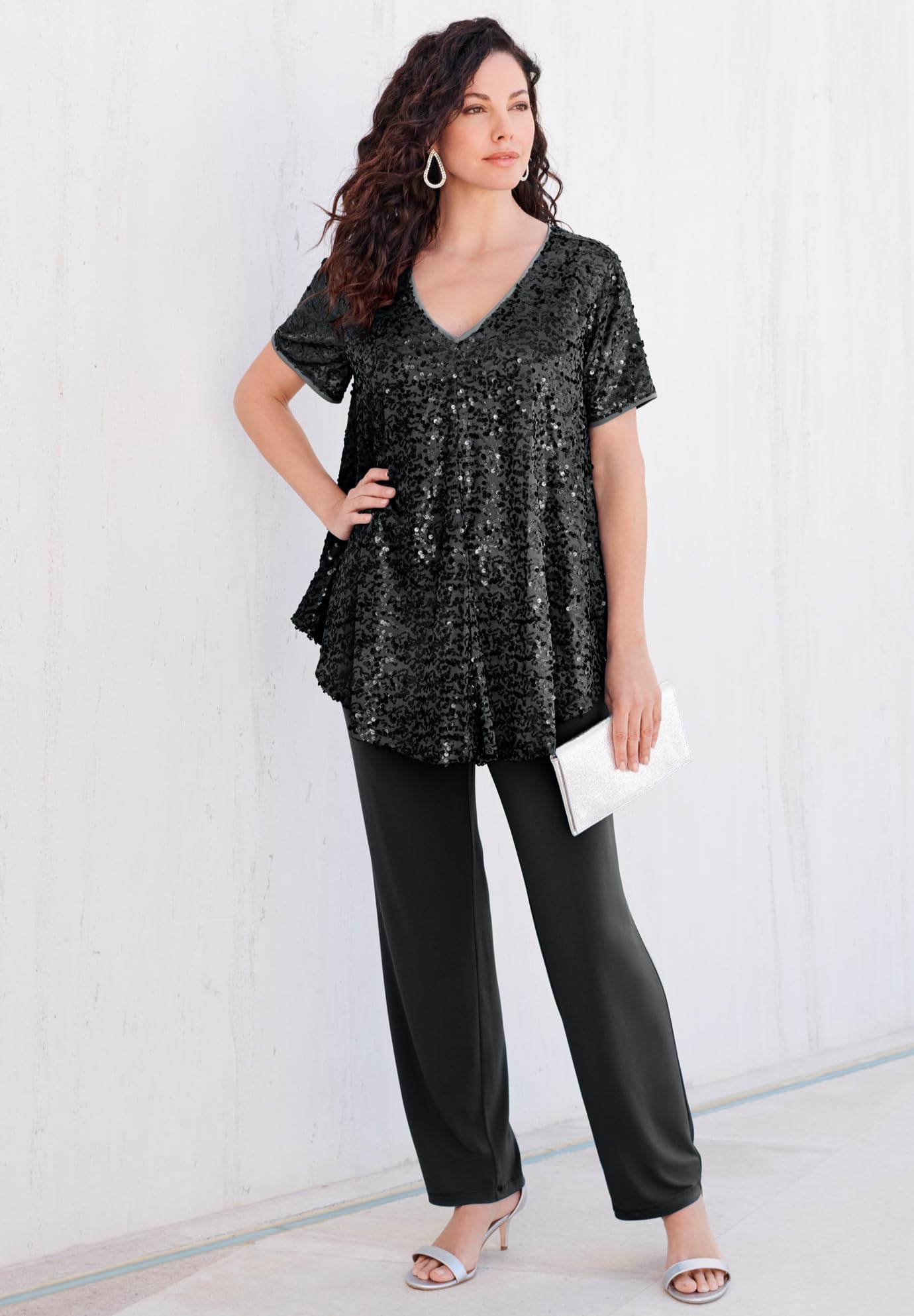Romwe Women's Plus Size Sequin Pants Set - Sparkly Lounge Wear for Parties, Date Nights & Special Occasions