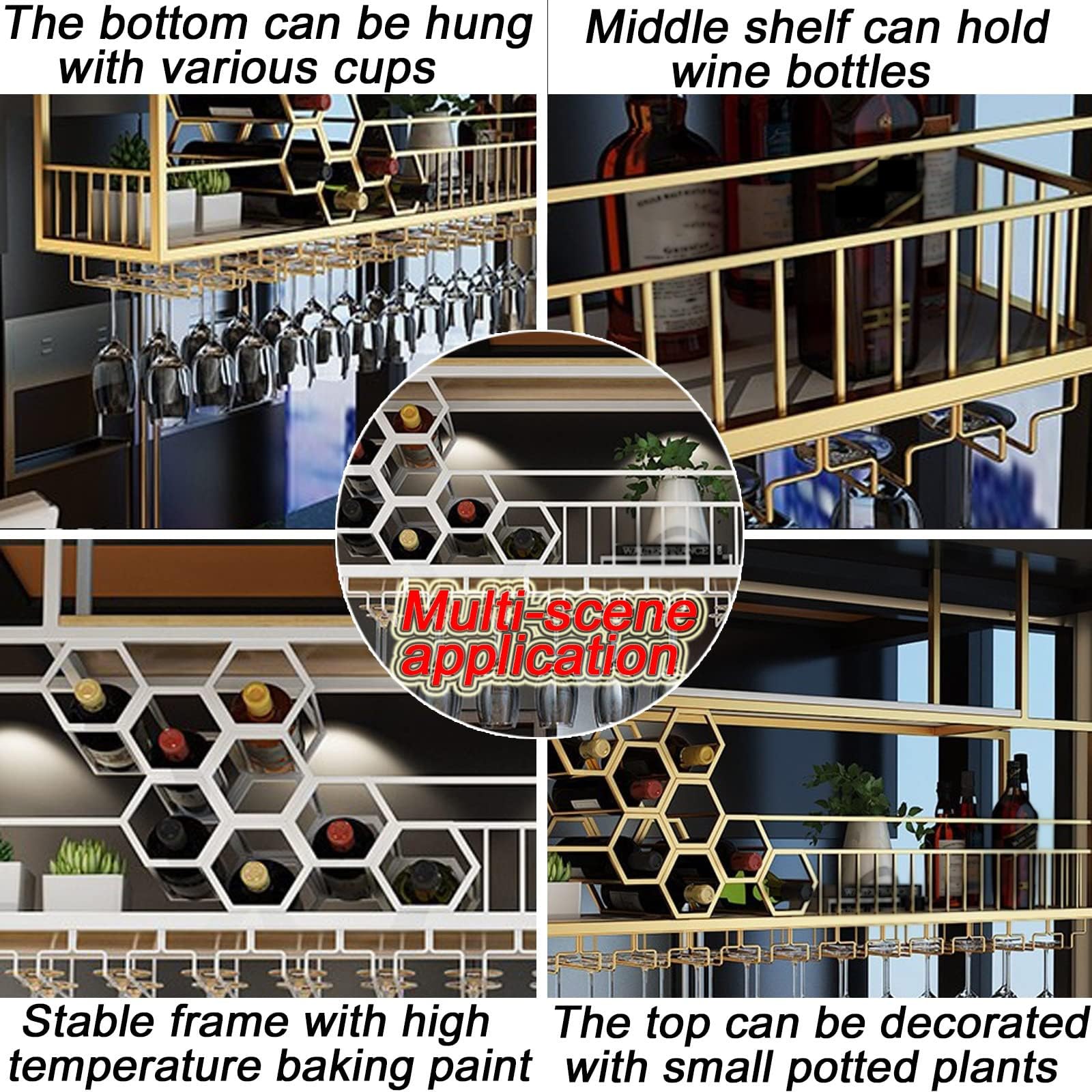 Large Capacity Honeycomb Ceiling Wine Glass Rack - 39.7 Inch (100cm) Gold Hanging Wine Bottle Storage Display for Home Bar, Kitchen & Dining Room - Perfect for Wine Enthusiasts & Entertaining Guests