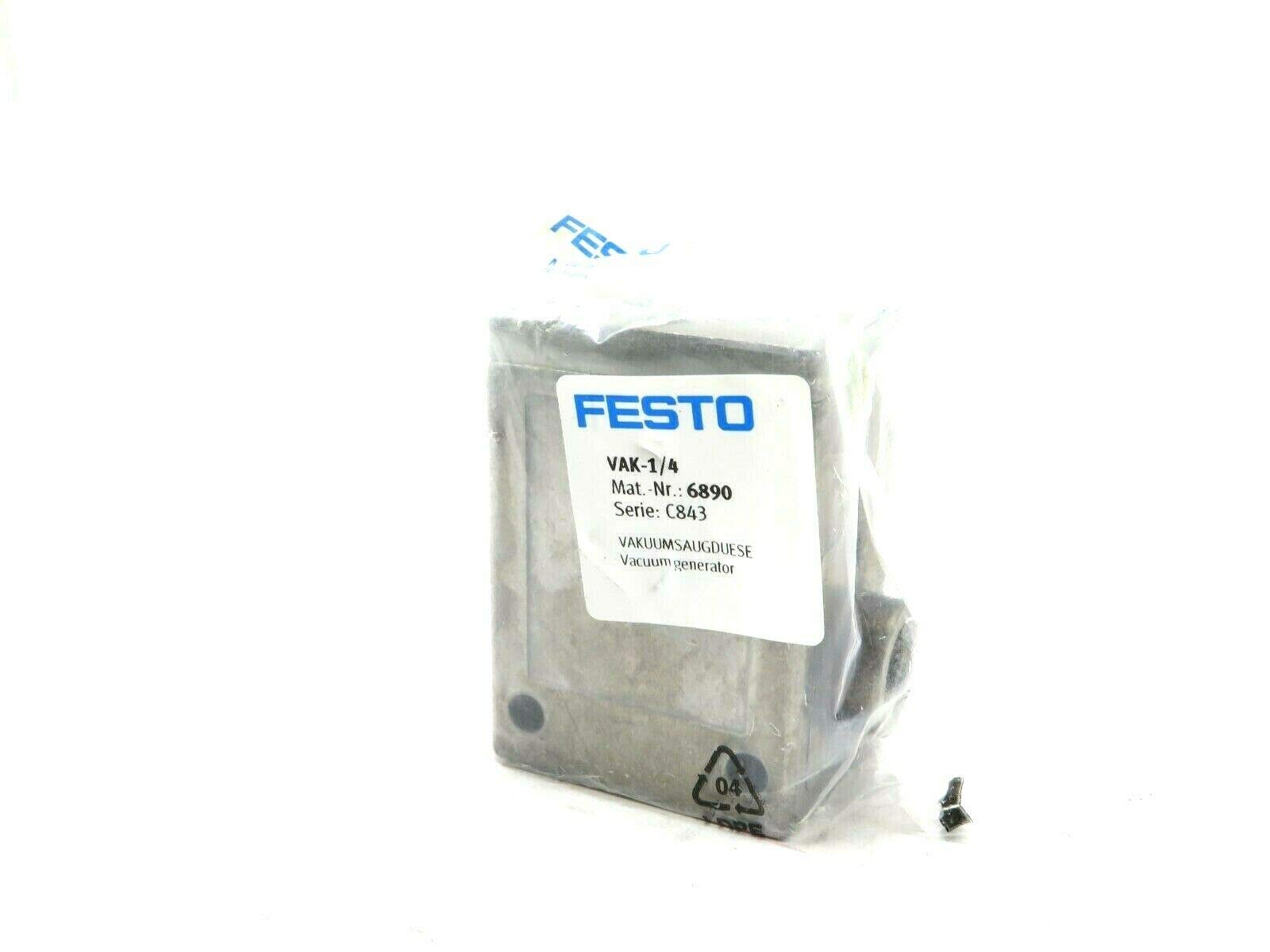 FESTO VAK-1/4 Vacuum Generator 1.5-10 BAR, 80% Vacuum, G1/4 Connection, Through-Hole Mount for Industrial Automation and Pneumatic Systems