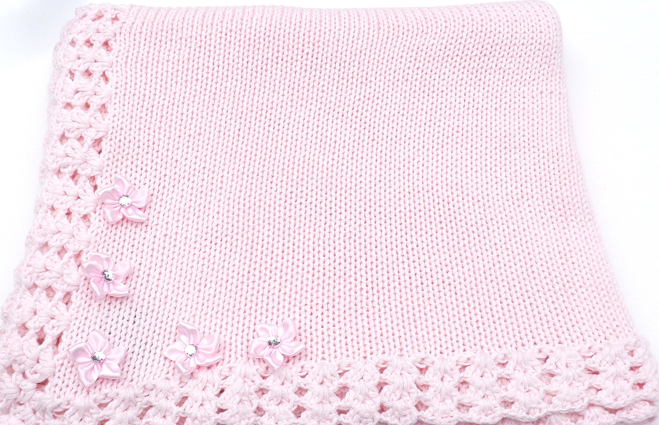 Handmade Pink Cotton Crochet Blanket with Rhinestone Flower Trim - Soft & Cozy Knit Throw for Baby Nursery, Bedroom Decor, or Gift Giving
