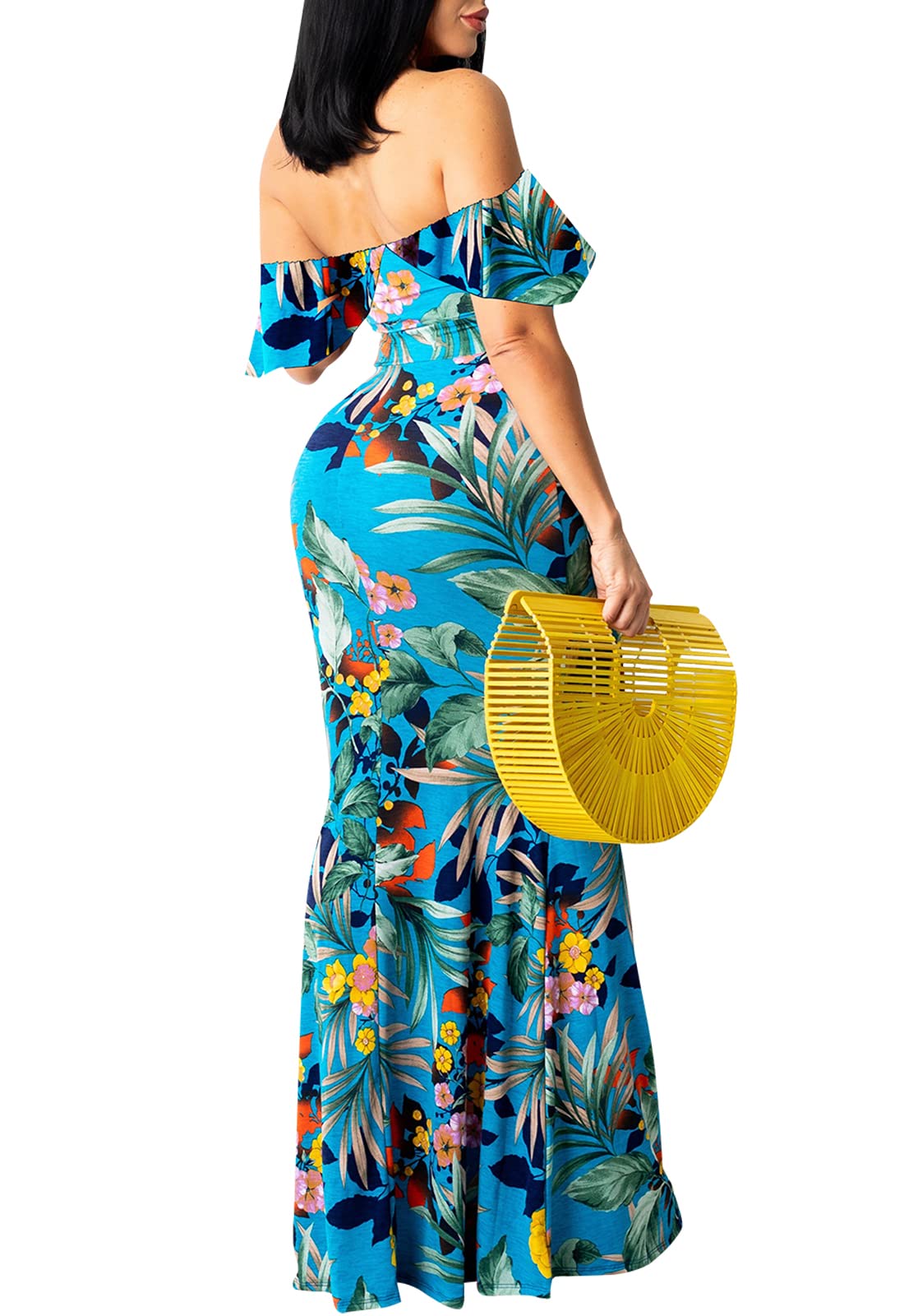 Sexy Women's Off Shoulder Maxi Dress - Hawaiian Floral Print Long Party Dress for Beach Vacation, Summer Wedding & Evening Events