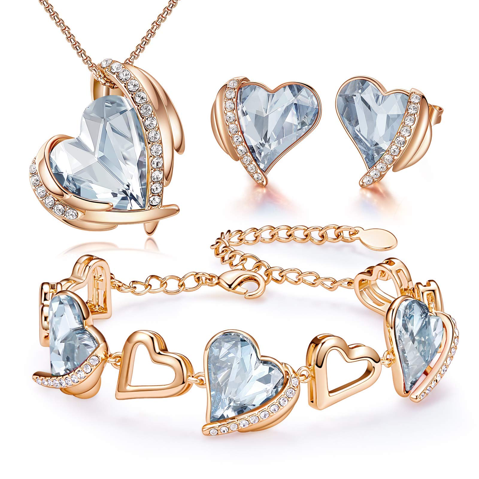 Rose Gold Heart Birthstone Earrings & Bracelet Set for Women - Austrian Crystal Embellished Jewelry | Perfect Mothers Day Gift, Birthday Present for Her | Ideal for Anniversaries, Valentine's Day & Special Occasions