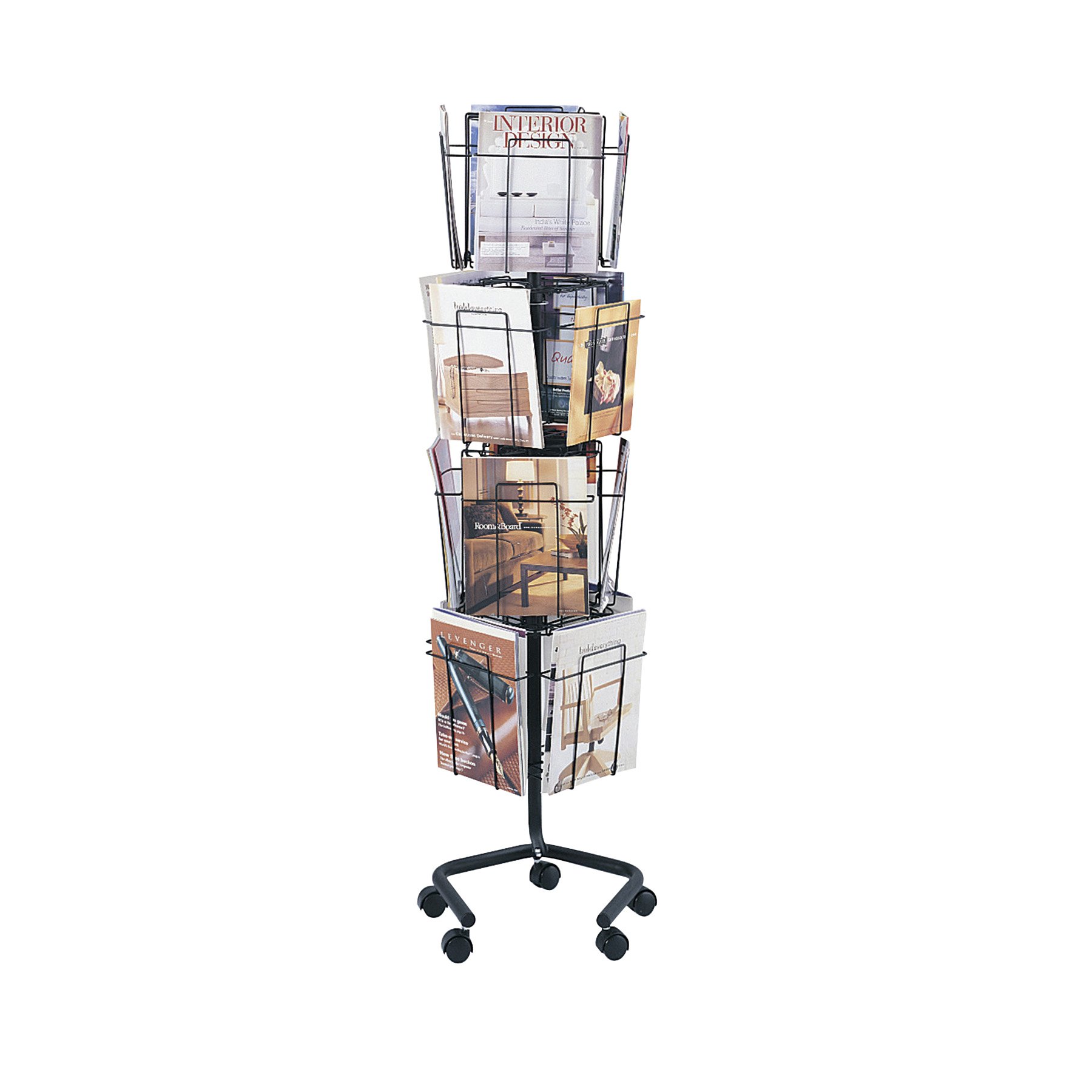 Safco 4-Tier Rotating Wire Magazine Holder - 16-Pocket Metal Display Rack with 5 Casters | Rolling Organizer with Powder Coat Finish in Charcoal | Perfect for Office, Library, or Home Organization