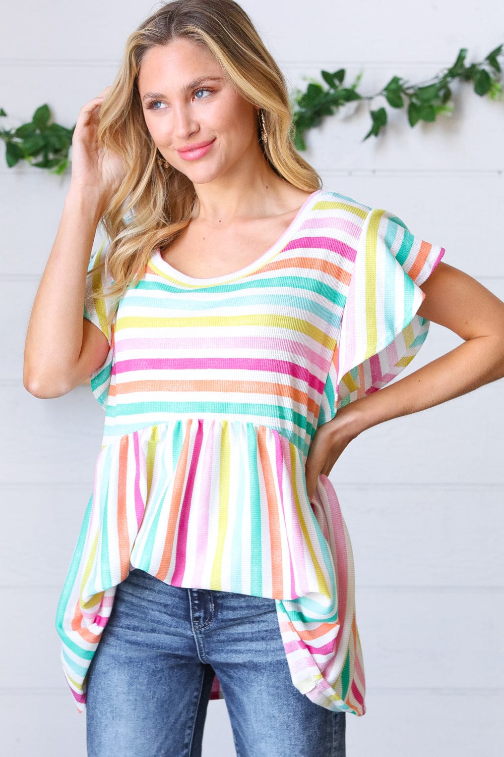 Lavender Rainbow Stripe Babydoll Top - Cute Flowy Summer Crop Top for Women, Perfect for Beach, Music Festivals & Date Nights