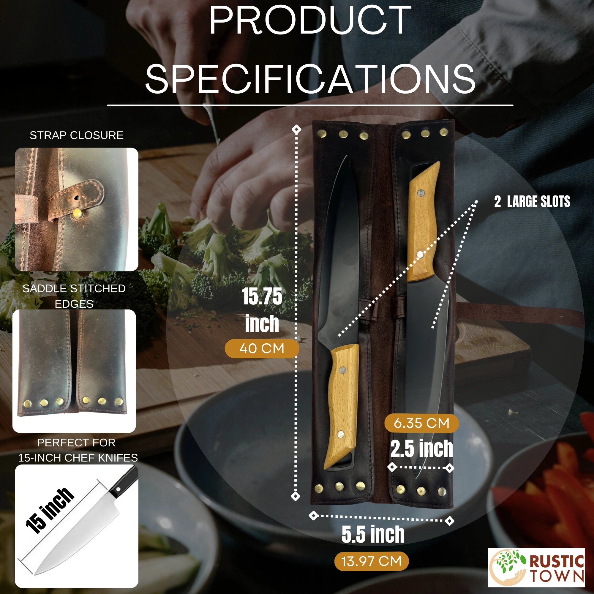 Premium Leather Chef's Knife Case Holder with 2 Knife Slots - Dark Brown | Professional Kitchen Storage & Protection for Cooking Tools | Perfect for Home Chefs & Culinary Gifts
