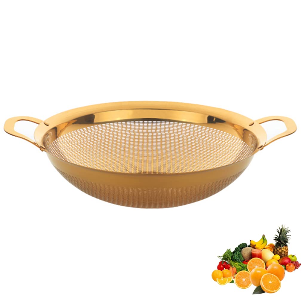 Premium Stainless Steel Colander with Handle & Legs - Pasta Strainer, Berry Basket, Vegetable Drainer for Kitchen, Cooking & Salad Prep - Gold Metal Sieve for Fruits, Noodles & Rice - Ideal for Home Chefs & Meal Prep
