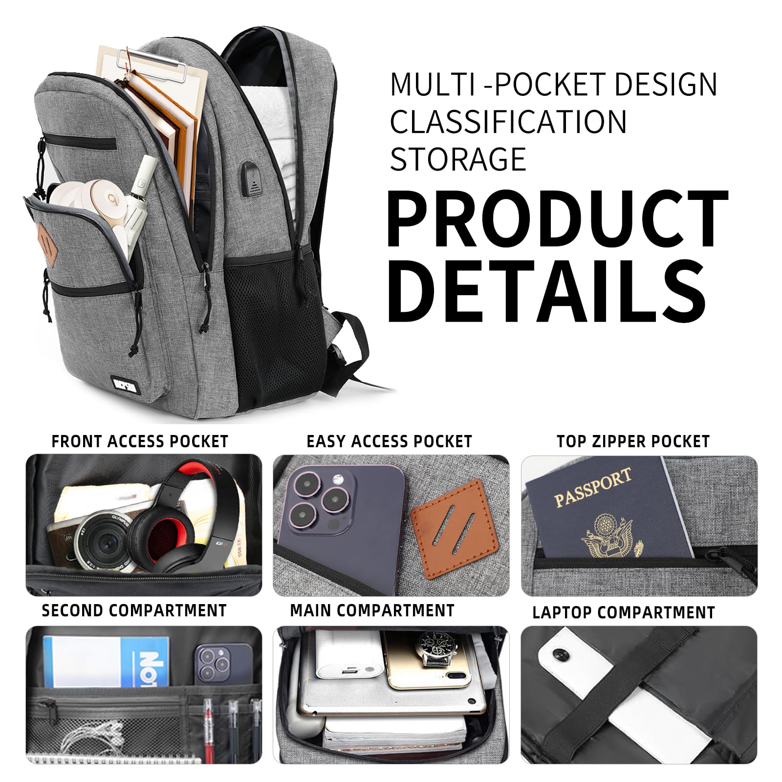 Durable 15.6 Inch Laptop Backpack for Men & Women - USB Charging Port, Water-Resistant School Bookbag for College, High School, Work & Travel - Perfect Business Computer Backpack (Grey) | Ideal for Daily Commute, Office & Study Essentials