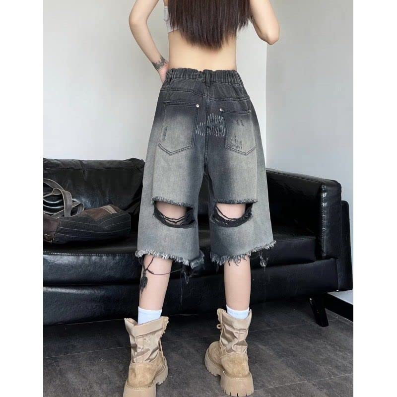 Women's Y2K Distressed Ripped Baggy Denim Shorts - Knee Length Wide Leg Bermuda Jean Shorts for Alt Emo Grunge Style | Perfect for Summer Outfits, Music Festivals & Streetwear Fashion
