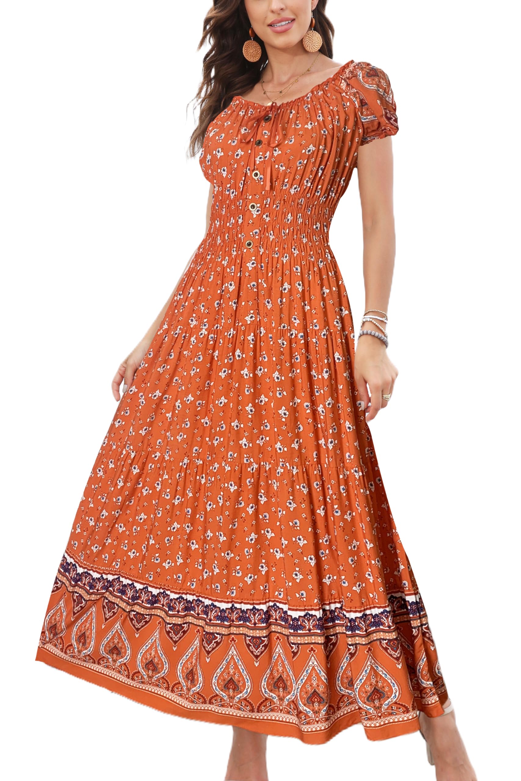 OSTOO Women's 2025 Summer Floral Maxi Dress - Boho Tiered Long Dress with Short Sleeves, Casual Flowy Beach Dress for Vacation, Party & Everyday Wear