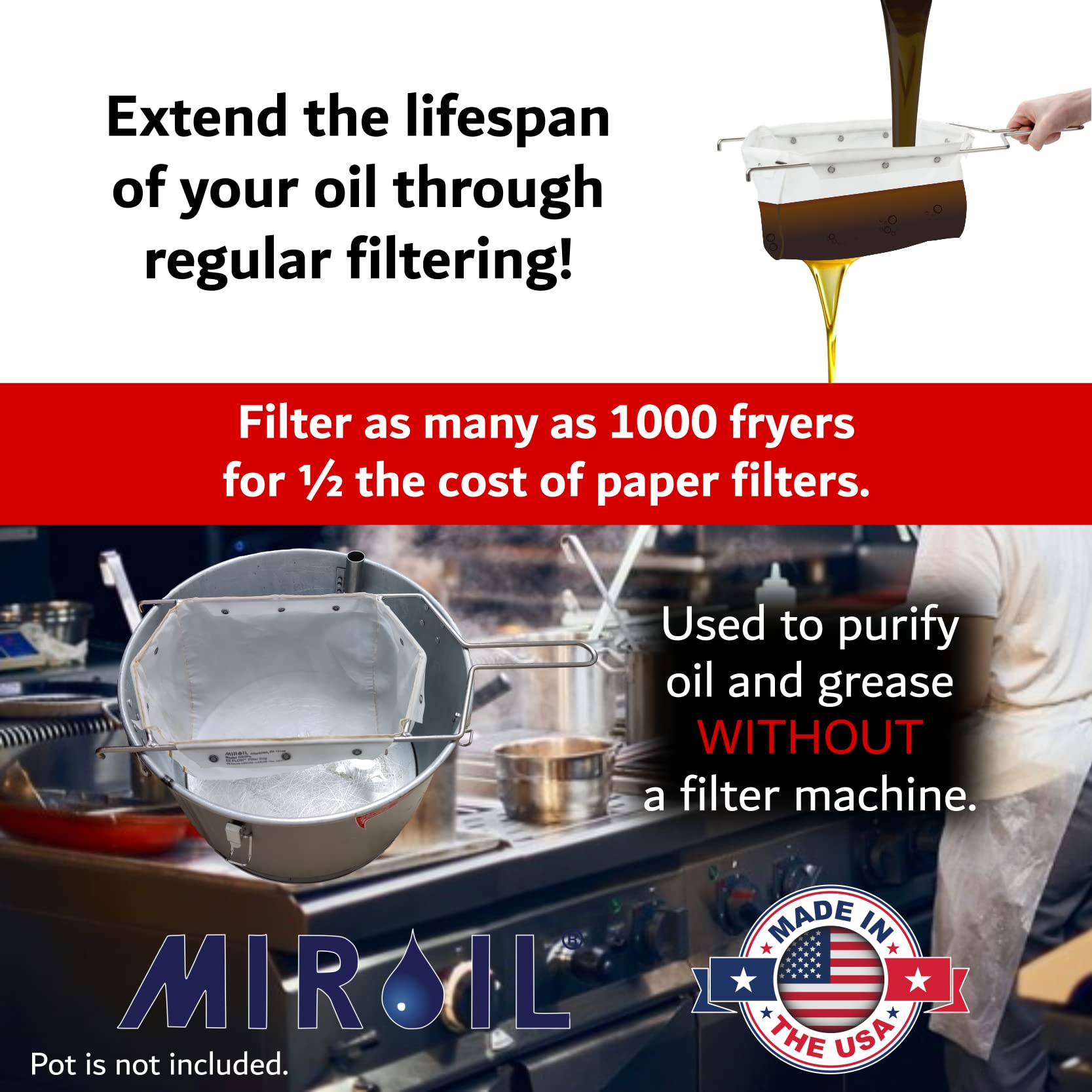 MirOil B6PS Fryer Filter Bag & Frame Combo - Extend Cooking Oil Life, Reduce Contaminants, Maintain Food Taste & Quality - Hot & Cold Oil Filtration for 70 Lb. Commercial Deep Fryers - Perfect for Restaurants, Food Trucks & Catering Businesses