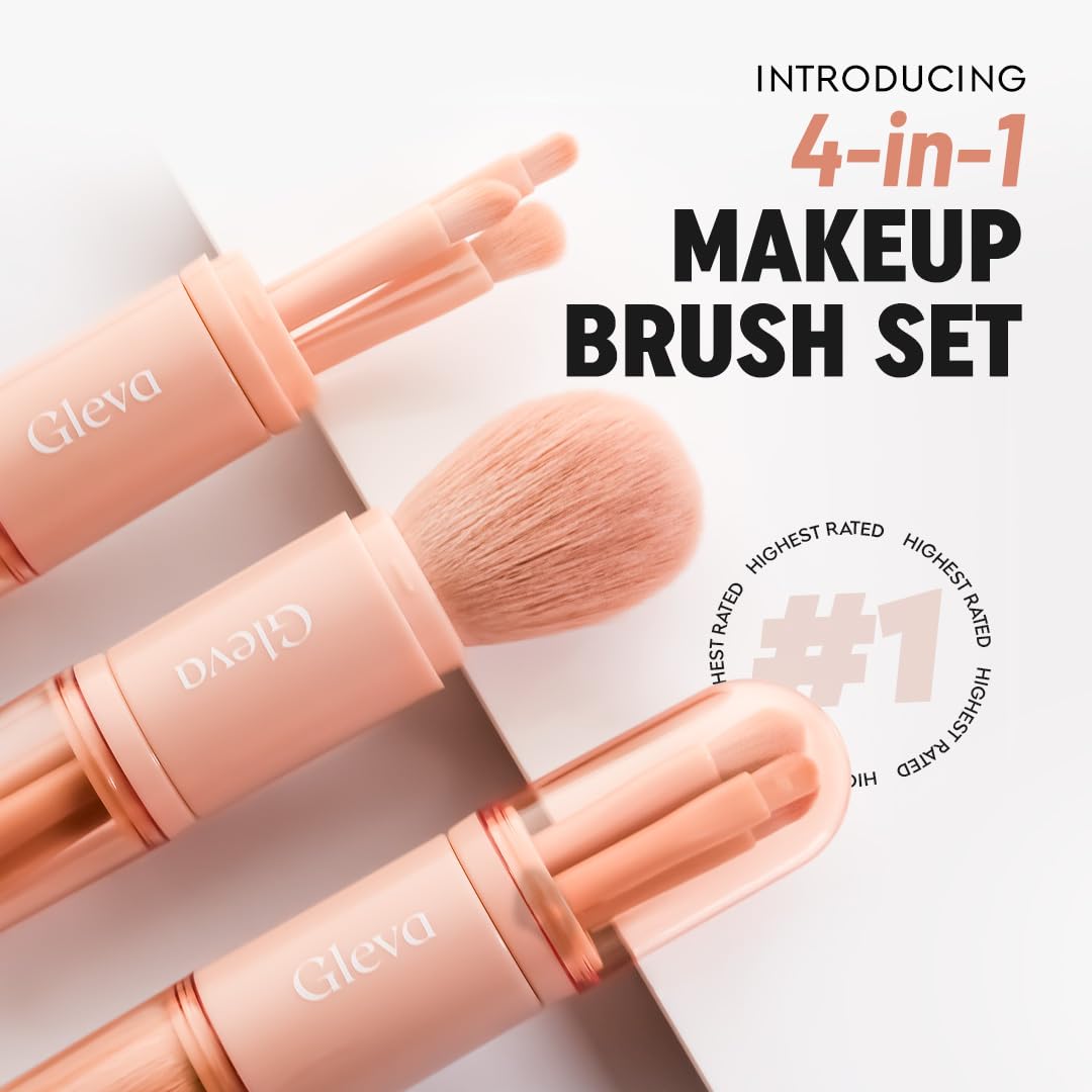 Gleva 4-in-1 Travel Makeup Brush Set - Mini Lip & Eye Shadow Brushes for Women | Perfect for On-the-Go Touchups