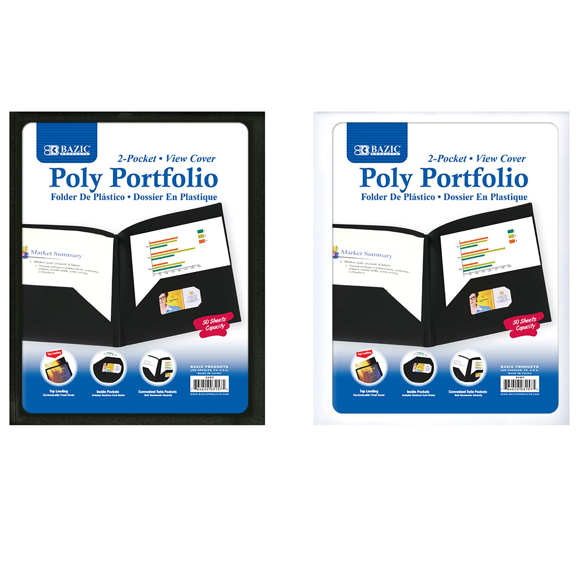 BAZIC 2-Pocket Poly Portfolio Folder with Clear View Cover, Letter Size Plastic Document Organizer for Office, School & Home - Black & White (48-Pack) - Perfect for Filing, Organizing Papers & Protecting Important Documents