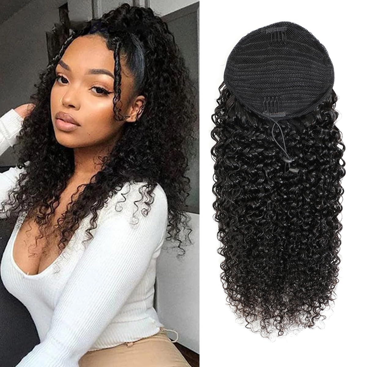 10A Brazilian Virgin Human Hair Drawstring Ponytail Extension - Afro Kinky Curly Clip-In Ponytail for Black Women (28 Inch, Natural Color) - Silky Soft Human Hairpiece for Everyday Wear, Parties & Special Occasions