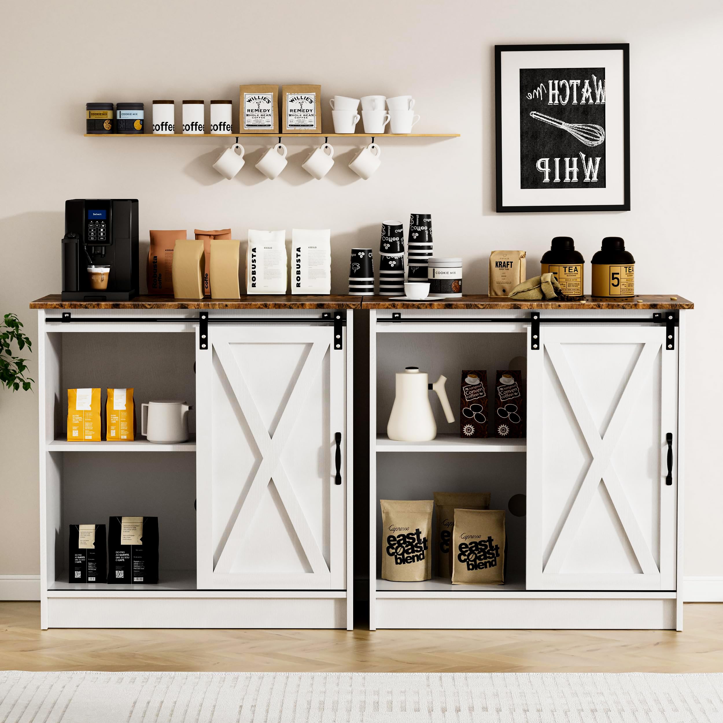 White Coffee Bar Cabinet with Storage - Farmhouse Style Coffee Bar Table with Sliding Barn Door - Perfect for Kitchen, Dining Room & Living Room - Organize Coffee Mugs, Wine Bottles & Kitchen Essentials